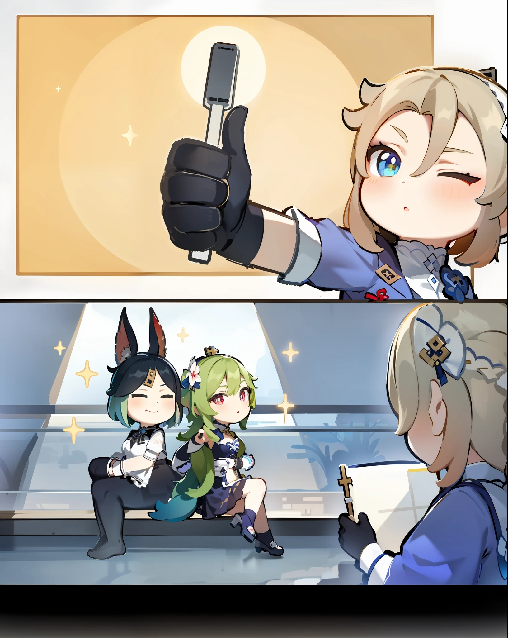masterpiece, best quality, chibi, girl, solo, nahida_genshin, maid uniform, cross-shaped pupils, pointing