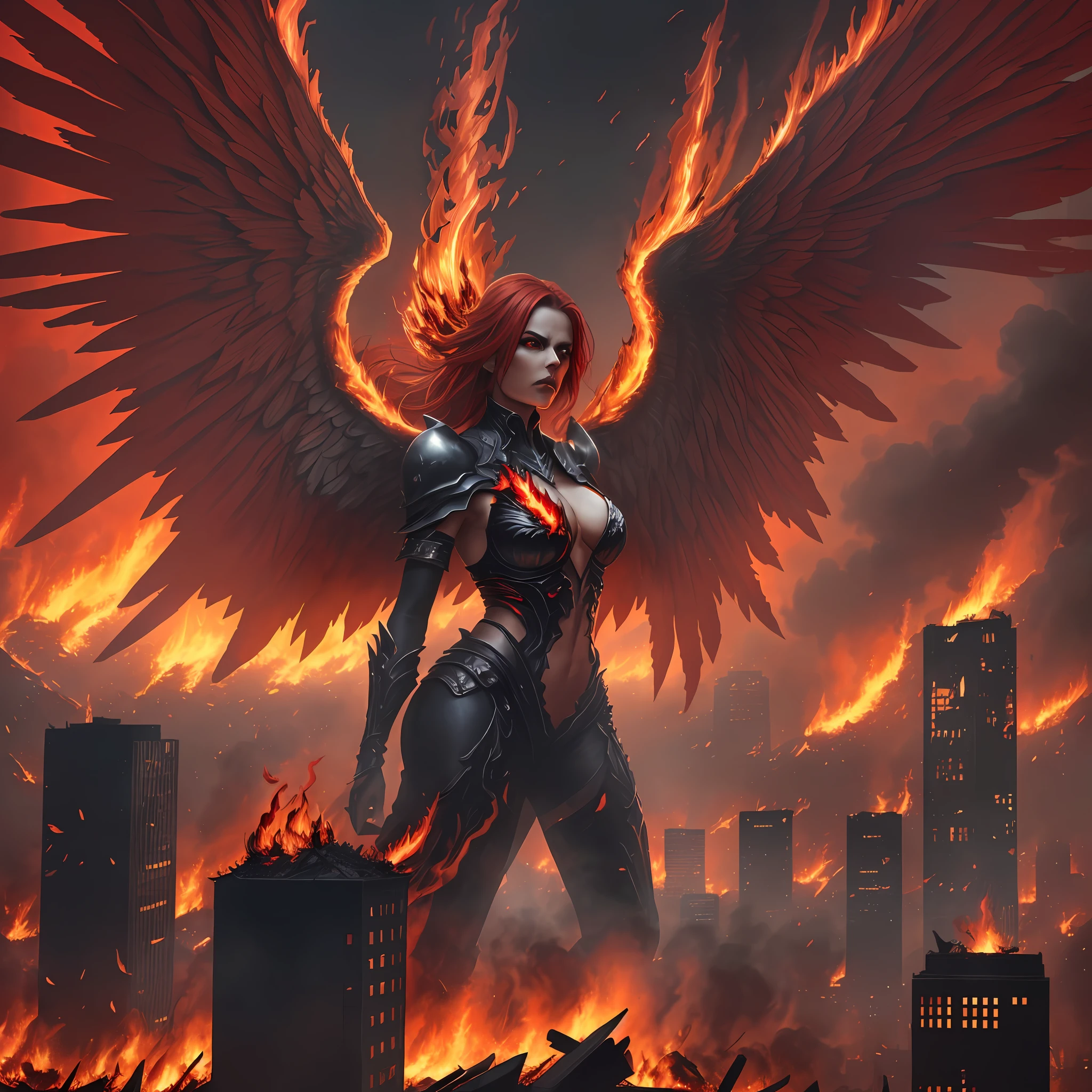 (((Red))) evil fallen angel, with ((())) huge firewings, in an apocalyptic city in flames. The fallen angel is depicted in a photorealistic style, resembling a and sexy figure. The firewings should be prominently displayed, emanating intense flames. The cityscape in the background is apocalyptic, with buildings crumbling and engulfed in flames. The overall atmosphere should be dark and sinister, reflecting the theme of destruction and chaos. The camera lens used for this image is a ((35mm)) lens, capturing a medium shot of the fallen angel, emphasizing their expression and features. The lighting is dramatic, with flickering flames casting eerie shadows. The resolution should be ((4K)), ensuring high detail and realism