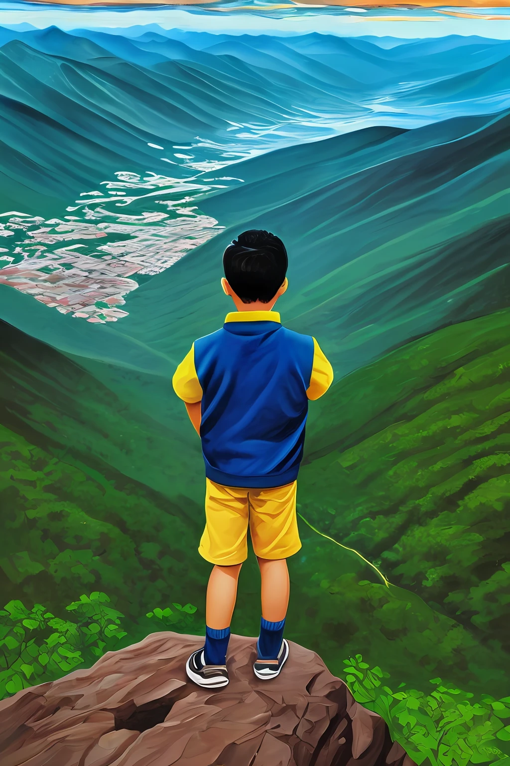 guttonerdvision6, Illustration of a sunrise from above the mountains, with yellowish sky, azul, alaranjado, intrincado, and a bespectacled 3-year-old boy looking at the sunrise horizon. corpo inteiro. Ele veste roupas de aventura. Below and at the bottom of the mountain a city appears blurred demonstrating the height at which the boy is. Ilustracao detalhada, rica em detalhes feita pelo artista Alex Ross