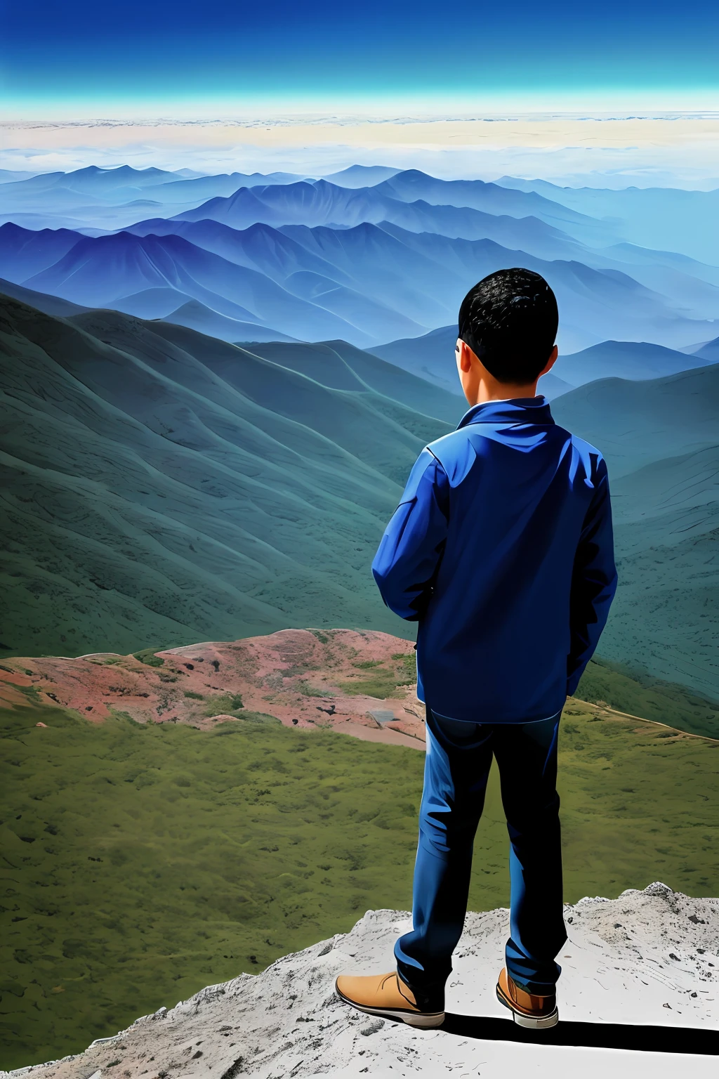 guttonerdvision6, Illustration of a sunrise from above the mountains, with yellowish sky, azul, alaranjado, intrincado, and a bespectacled 3-year-old boy looking at the sunrise horizon. corpo inteiro. Ele veste roupas de aventura. Below and at the bottom of the mountain a city appears blurred demonstrating the height at which the boy is. Ilustracao detalhada, rica em detalhes feita pelo artista Alex Ross