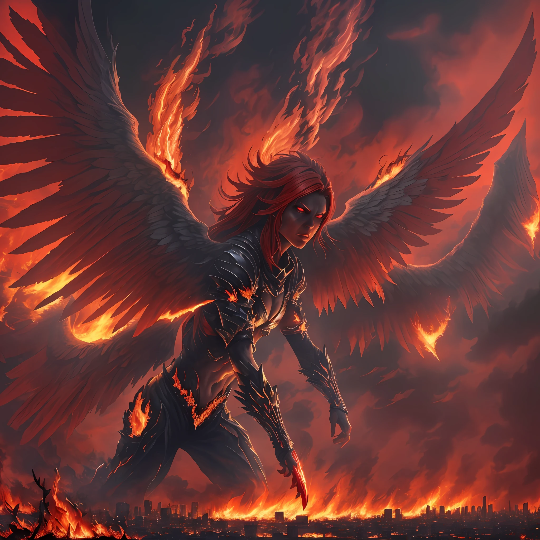 (((Red))) evil fallen angel, with ((())) huge firewings, in an apocalyptic city in flames. The fallen angel is depicted in a photorealistic style, resembling a and sexy figure. The firewings should be prominently displayed, emanating intense flames. The cityscape in the background is apocalyptic, with buildings crumbling and engulfed in flames. The overall atmosphere should be dark and sinister, reflecting the theme of destruction and chaos. The camera lens used for this image is a ((35mm)) lens, capturing a medium shot of the fallen angel, emphasizing their expression and features. The lighting is dramatic, with flickering flames casting eerie shadows. The resolution should be ((4K)), ensuring high detail and realism