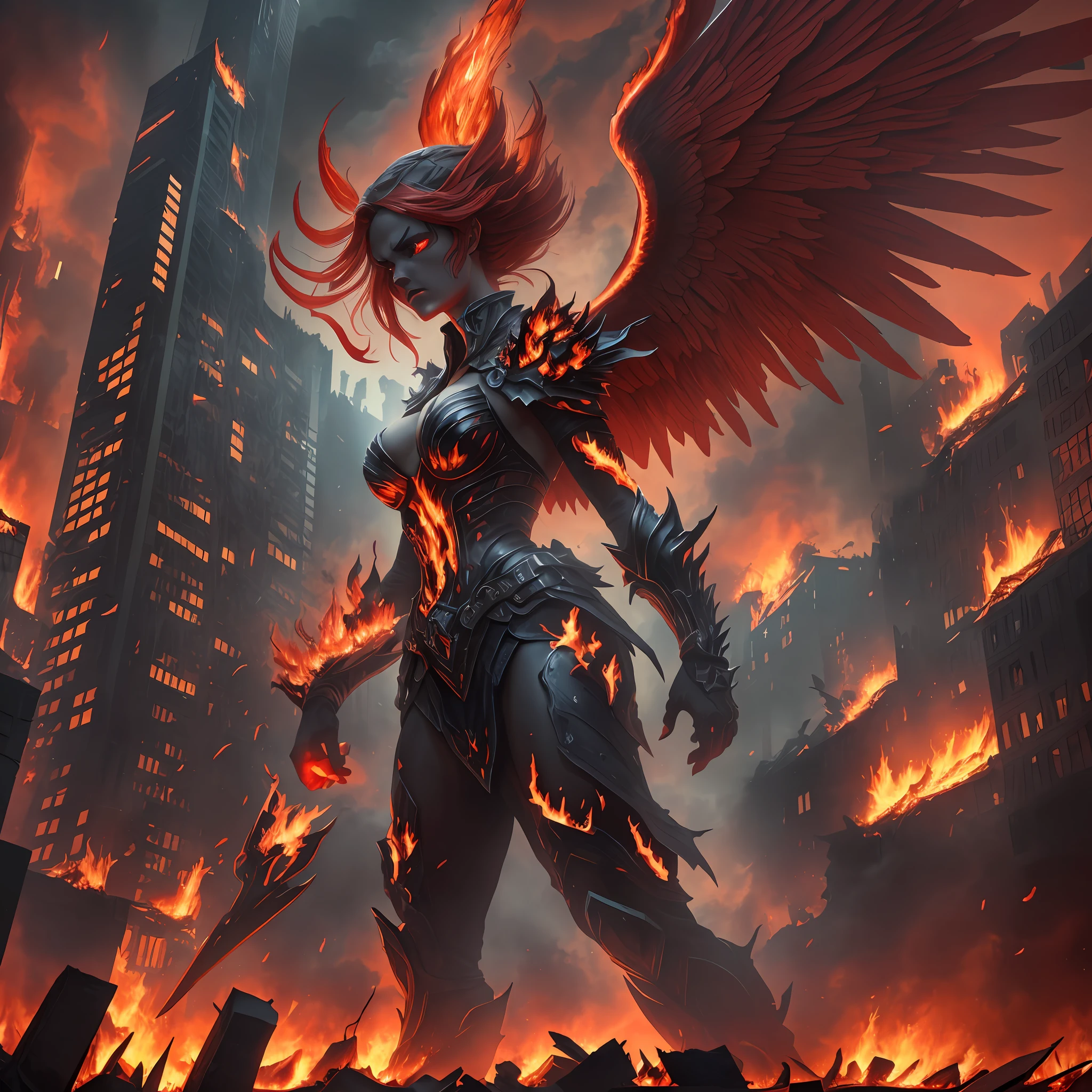 (((Red))) evil fallen angel, with ((())) huge firewings, in an apocalyptic city in flames. The fallen angel is depicted in a photorealistic style, resembling a and sexy figure. The firewings should be prominently displayed, emanating intense flames. The cityscape in the background is apocalyptic, with buildings crumbling and engulfed in flames. The overall atmosphere should be dark and sinister, reflecting the theme of destruction and chaos. The camera lens used for this image is a ((35mm)) lens, capturing a medium shot of the fallen angel, emphasizing their expression and features. The lighting is dramatic, with flickering flames casting eerie shadows. The resolution should be ((4K)), ensuring high detail and realism