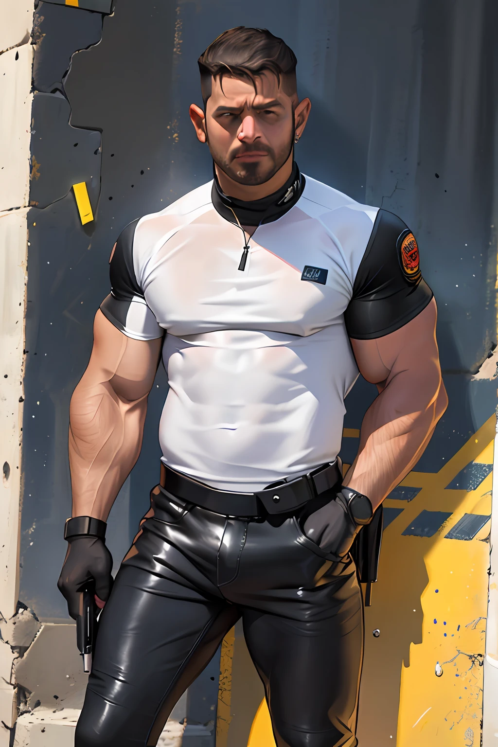 1 Homem, sozinho, 45 anos, Baixo, sozinho, Homem, 45 anos, cabelos curtos, Cara corajosa, Querer, Homem grande, alto, (((musculoso))), camiseta preta, black leather pants, cinto militar, Armado com pistola. fundo simples