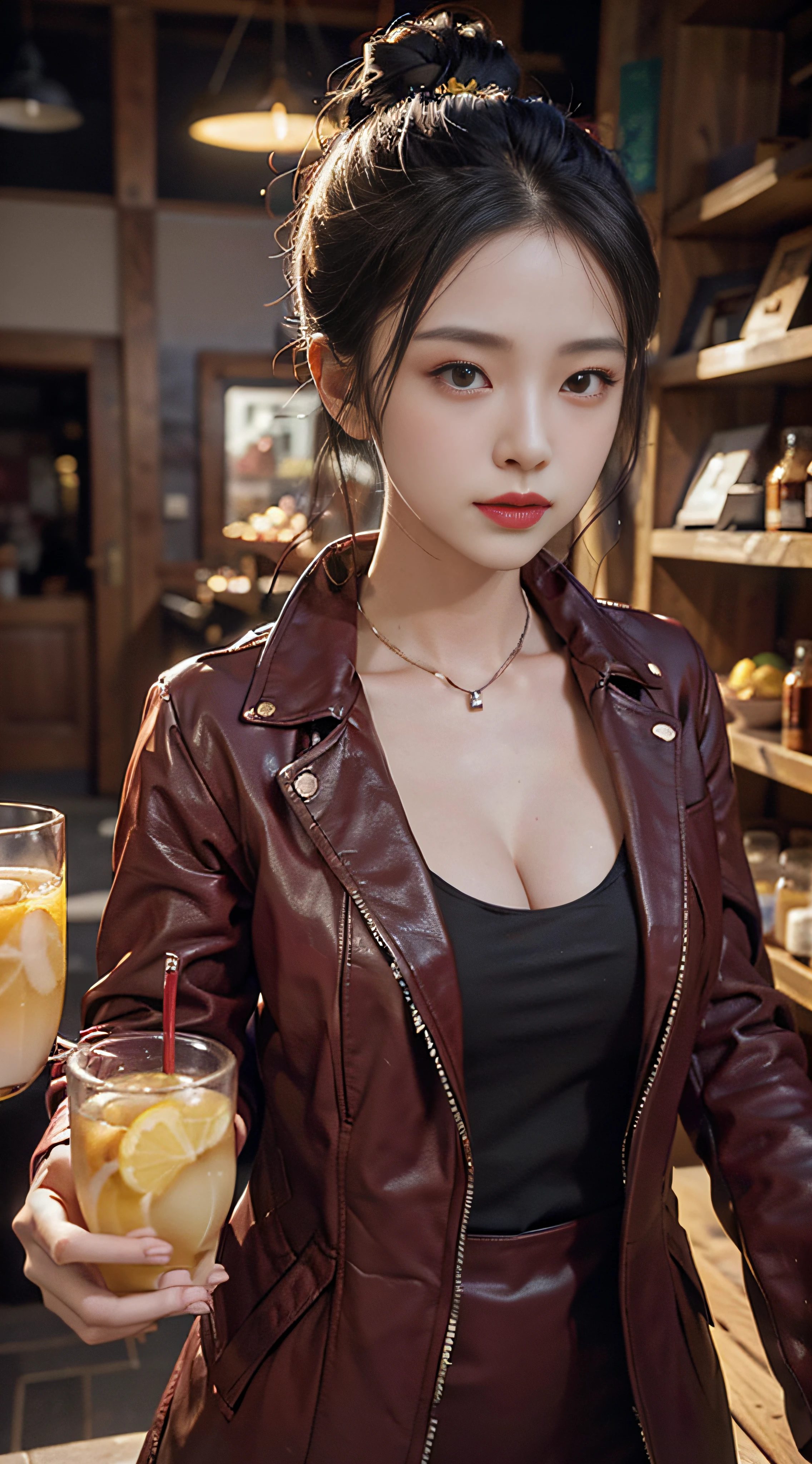 a closeup,(fidelity:1.4),(A big-breasted:1.2)Super high resolution,Cleavage,Burgundy leather coat,Outstanding details,Highest image quality,Michelle Ice City,glass,fruit shop,lemon tea