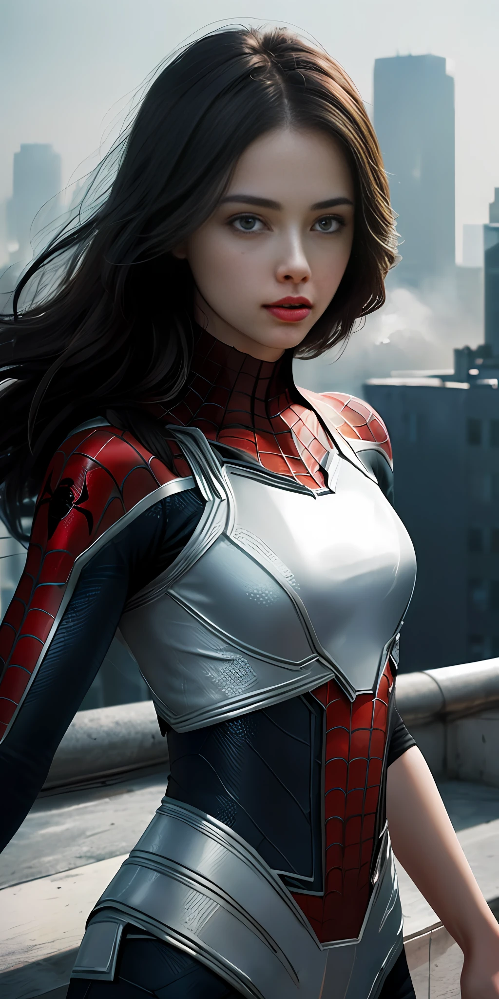 (1girl:1.3), (caucasian:1.2), Solo, (((Very detailed face)))), ((Very detailed eyes and face)))), Beautiful detail eyes, Body parts__, Official art, Unified 8k wallpaper, Super detailed, beautiful and beautiful, beautiful, masterpiece, best quality, original, masterpiece, super fine photo, best quality, super high resolution, realistic realism, sunlight, full body portrait, amazing beauty, dynamic pose, delicate face, vibrant eyes, (from the front), She wears Spider-Man suit, red and black color scheme, spider, very detailed city roof background, rooftop, overlooking the city, detailed face, detailed complex busy background, messy, gorgeous, milky white, highly detailed skin, realistic skin details, visible pores, clear focus, volumetric fog, 8k uhd, DSLR, high quality, film grain, fair skin, photo realism, lomography, futuristic dystopian megalopolis, translucent