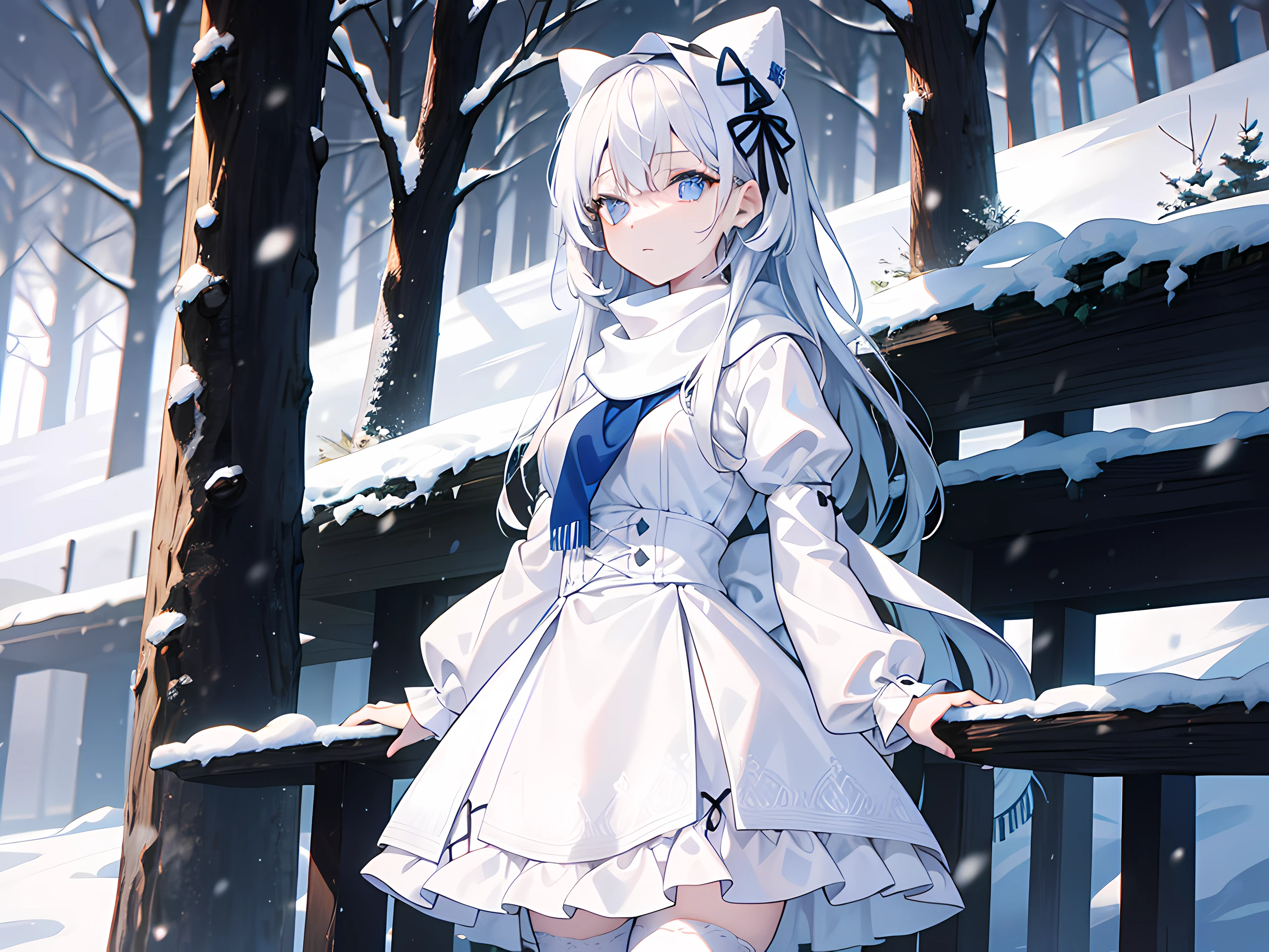 Light blue eyes,Princess cut,whaite hair,White thigh boots,White Gothololita,White over-the-knee stockings,white bows,Full body like,sweeping bangs,half-closed eye,Long white scarf,forested,Night,at winter season,tmasterpiece,4K,Award-winning photos,extremely detaile,finely detailled,Highly detailed woman,Teen girls,Extremely detailed eyes and face,best quailty,Indifferent expression,Standing