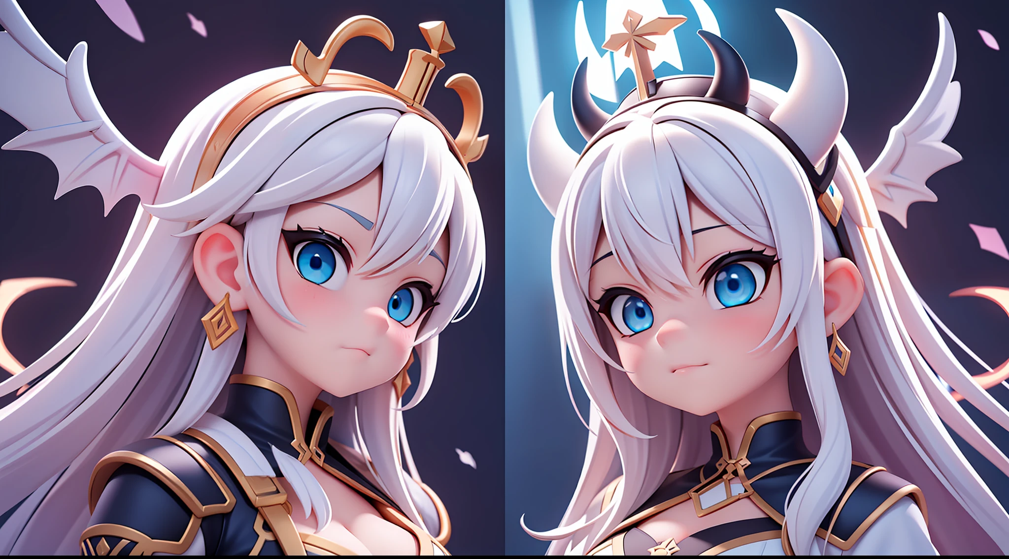 Two views, Sony FE GM, From the side Side, pov fpov, Polar opposites, tachi-e, Chiaroscuro, stereograms, Anime style, The ultra -The high-definition, Anatomically correct, 巨作, 16k, Super detail, High details, High quality, A high resolution,A white hair with white wings，The angel (blue eyes)with a crown on his head is on the left side of the picture，surrounded by holy light, ,A black-haired demon (red eyes) wearing black armor with bat wings is on the right side of the picture，Hellfire surrounds this demon