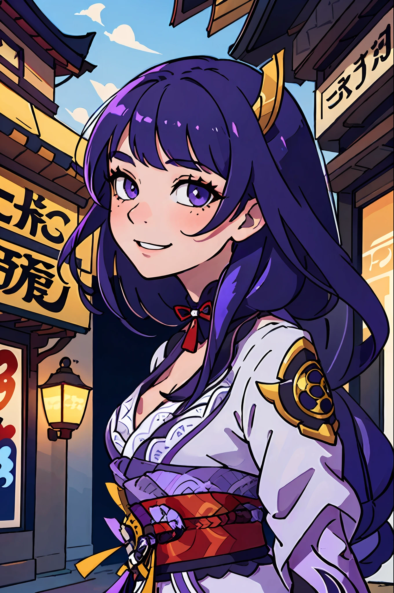 (best-quality:0.8), (best-quality:0.8), perfect anime illustration, extreme closeup portrait of a pretty woman walking through the city, long hair, raiden shogun (genshin impact), sweet smile, chill