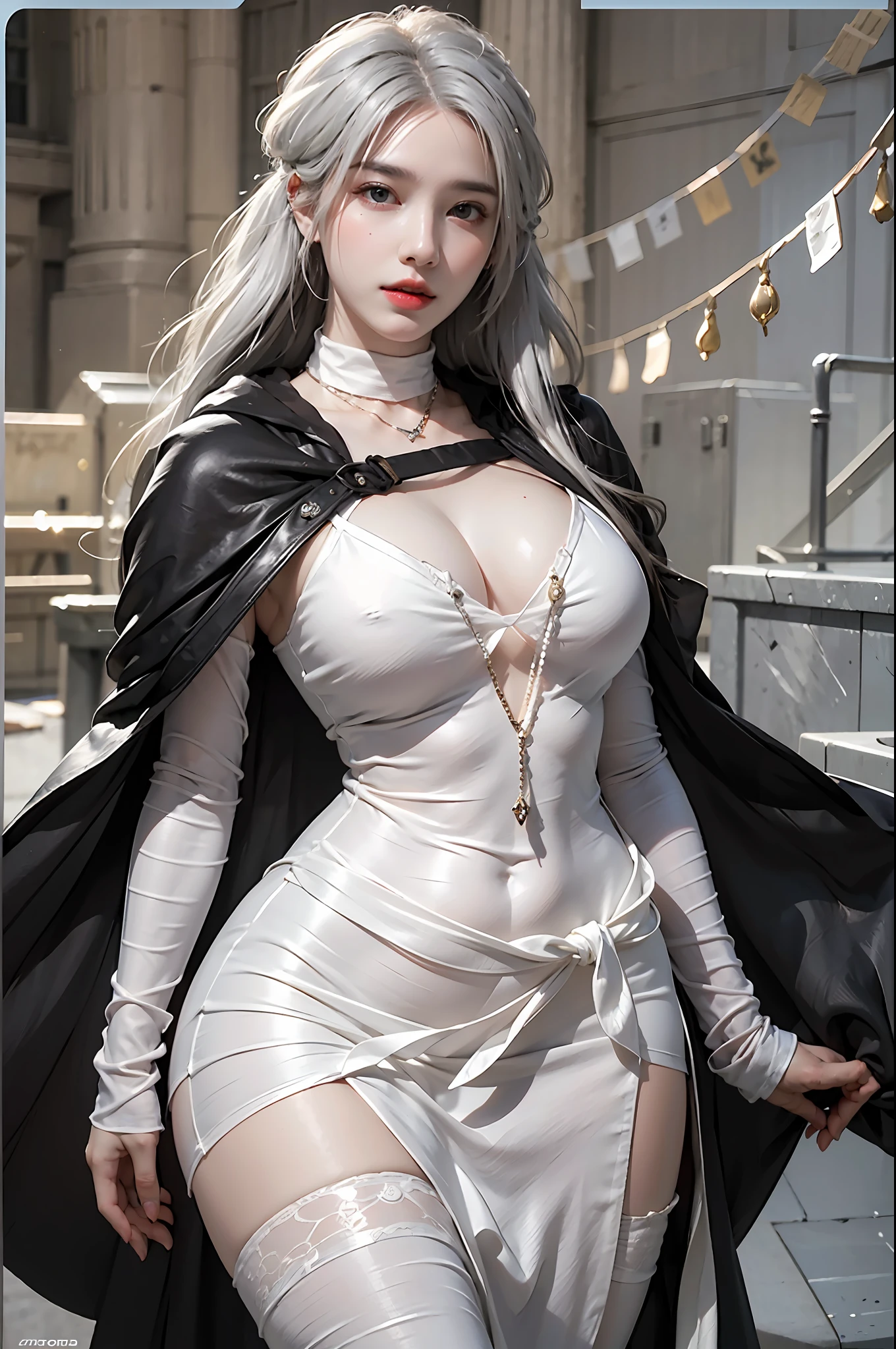 photorealistic, high resolution, 1 girl, hips up, beautiful eyes, white hair, cape, cloak, jewelry, dress, capelet, bandaged_arm,