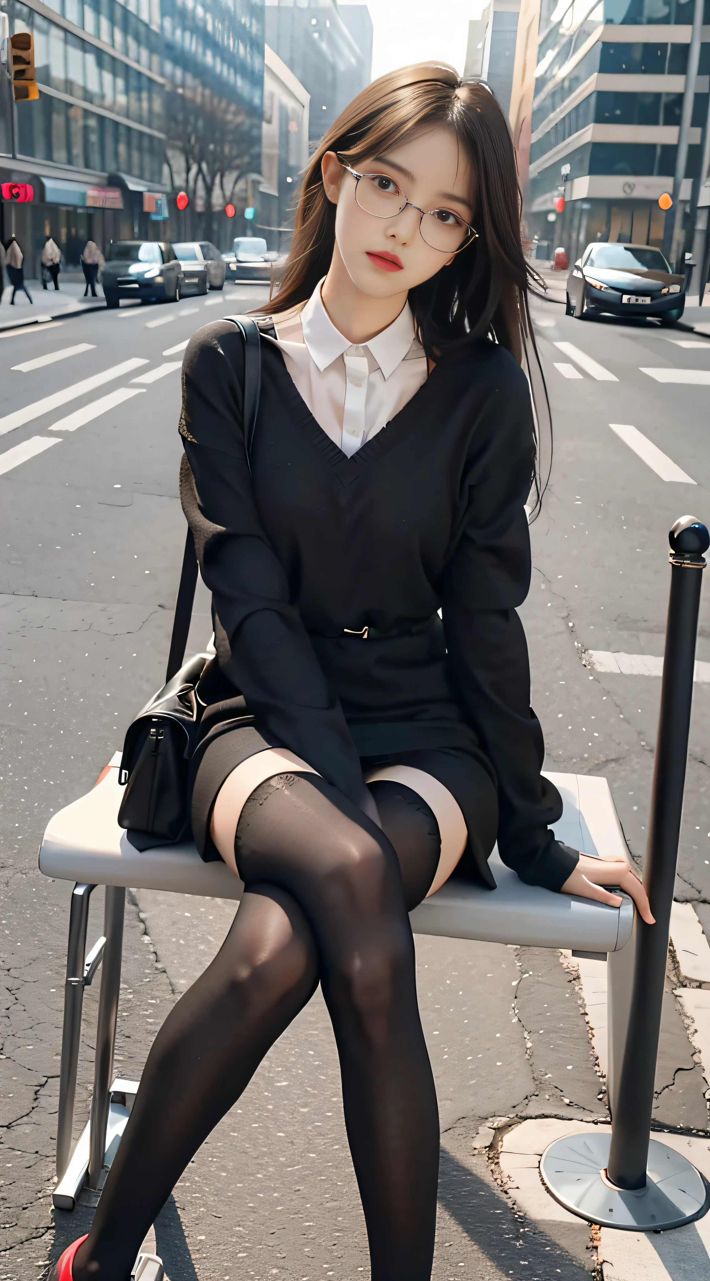 Best quality, full body portrait, delicate face, pretty face, 25 year old woman, slim figure, small bust, OL uniform, office clothes, black stockings, outdoor scene, sitting position, wearing glasses