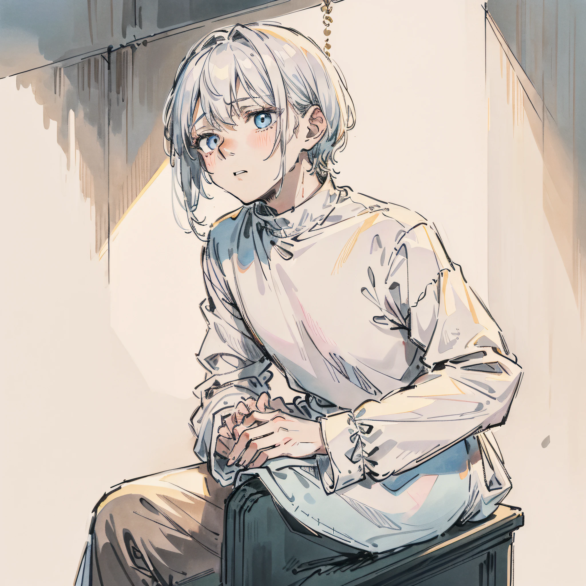 A man with white hair,schoolboy,in the basement,Sit alone on a stool,Facing the camera,Wear a white shirt,Hands tied behind the back,There are no hands in the picture,gentleness,Gentle face,Exquisite facial features,Perfect light and shadow,tmasterpiece,hightquality,The expression is terrified