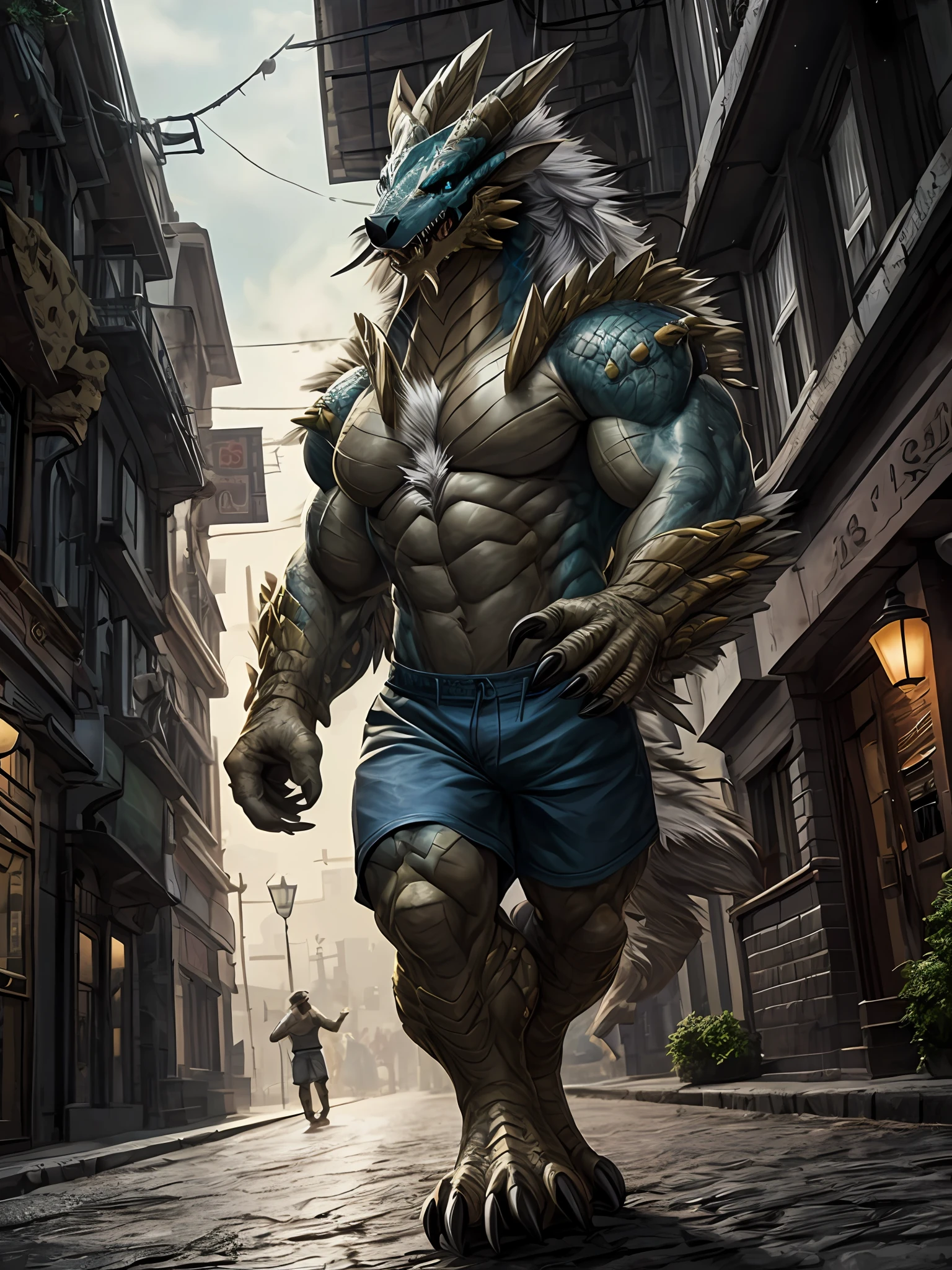 hexagons，zinogre， A male human dragon，Blue skin，The is erect，a backdrop of：Dimly lit streets，Blue shorts Big bag ，implied，Looks happy，A muscle，（digitgrade，toe claws），lamplight，4K level HD