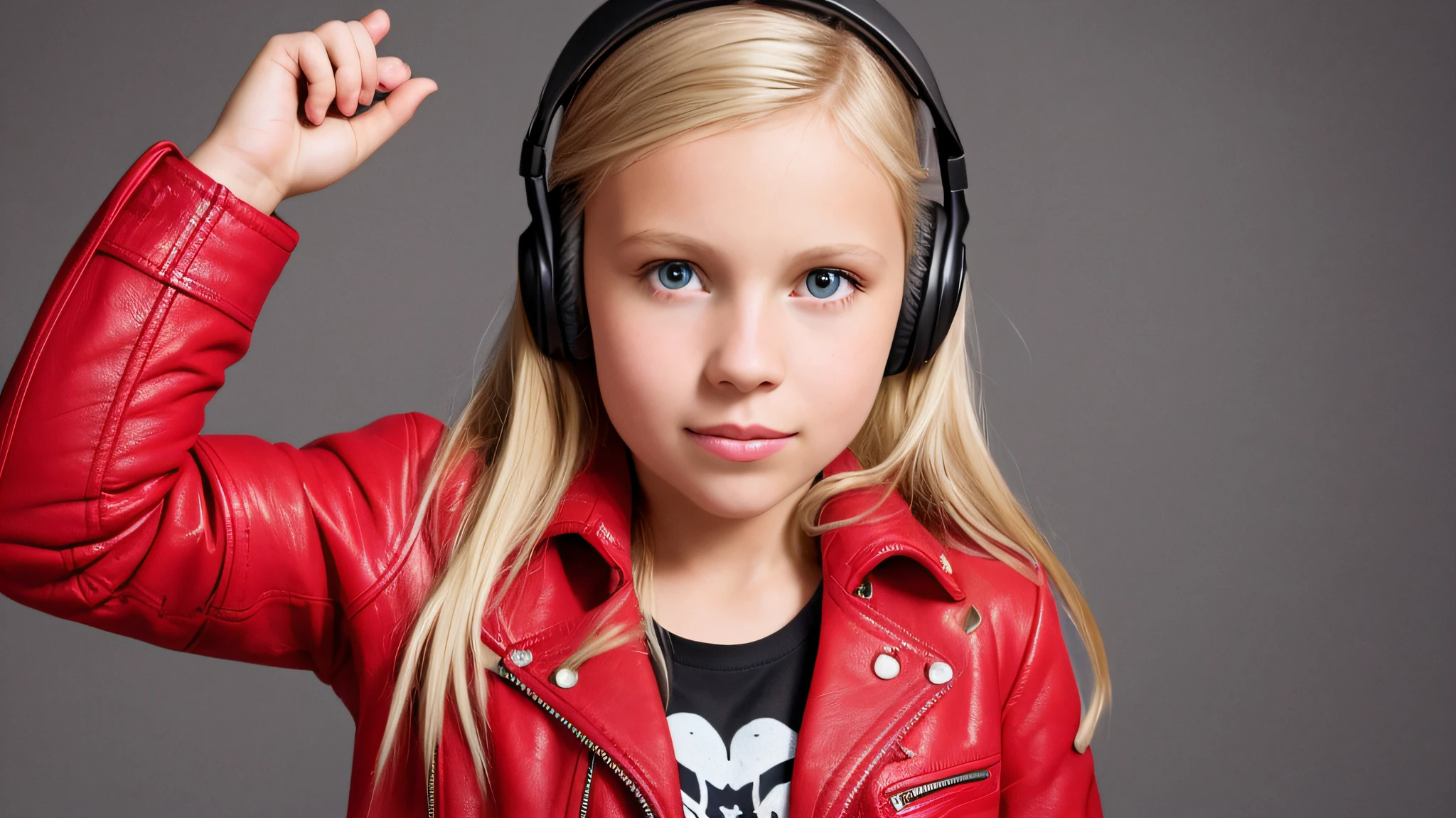 GIRL child , RUSSIAN BLONDE long hair and headphones, portrait, SILVER LEATHER JACKET, VINYL AND CDS red background.