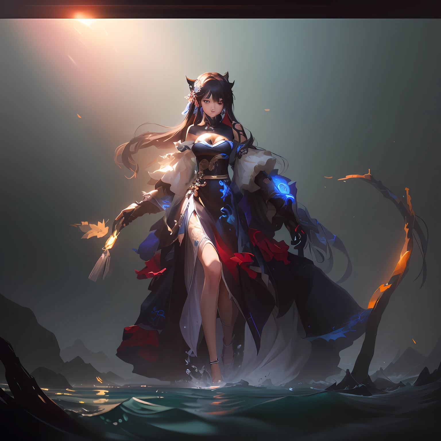 there is a woman in a dress standing in the water, Guweiz on ArtStation Pixiv, Guweiz in Pixiv ArtStation, Guviz-style artwork, by Yang J, Guviz, Fanart Meilleure ArtStation, guweiz masterpiece, 2. 5 D CGI anime fantasy artwork, chengwei pan on artstation