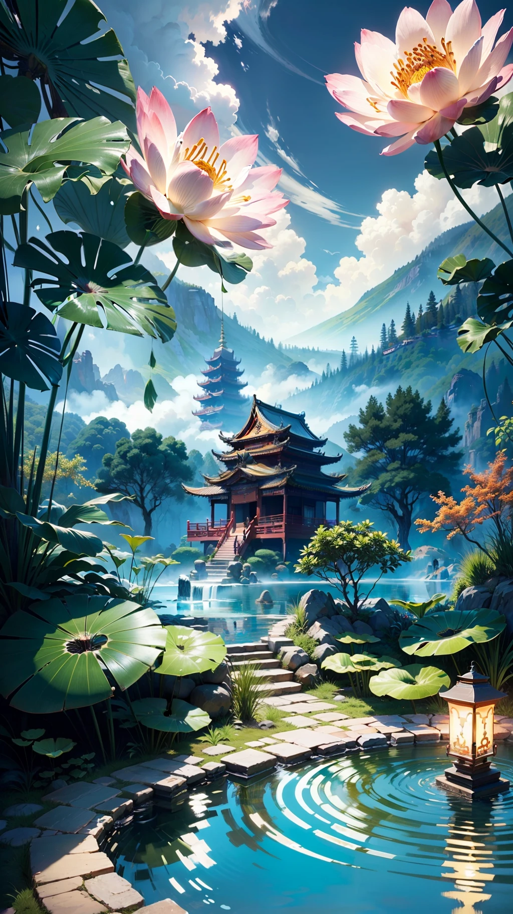Generate an image of an ancient Chinese palace located high above the clouds, shrouded in mist and surrounded by a majestic landscape. The palace should be adorned with glazed tiles, Buddha statues, lanterns, and vibrant colors such as blue, green, red, and gold. The image should include hot springs, lotus flowers, and splashing water, as well as elements of color and splash ink to add to the dreamy ambiance. The final image should be a masterpiece, with high-quality graphics and intricate details that transport the viewer to a world of wonder and magic