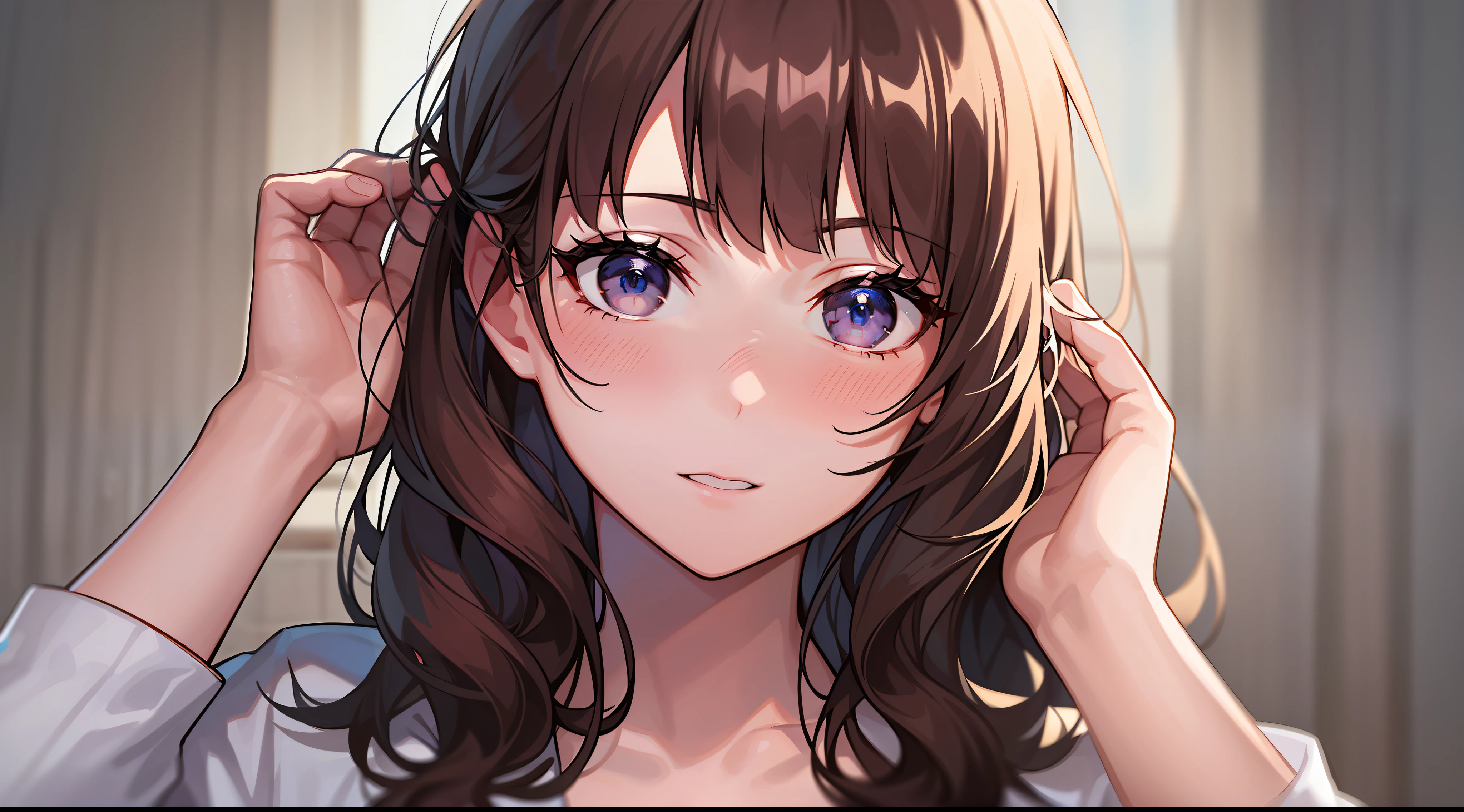 A girl face Touching her own hair from the ear part not in full frame