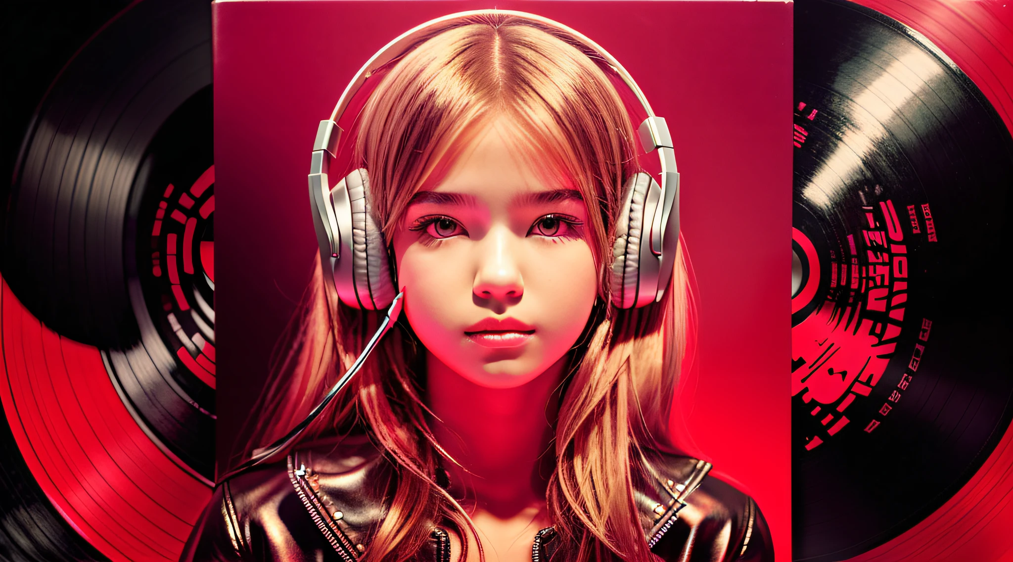 GIRL child 12 years old, RUSSIAN BLONDE long hair and headphones, portrait, SILVER LEATHER JACKET, VINYL AND CDS red background.