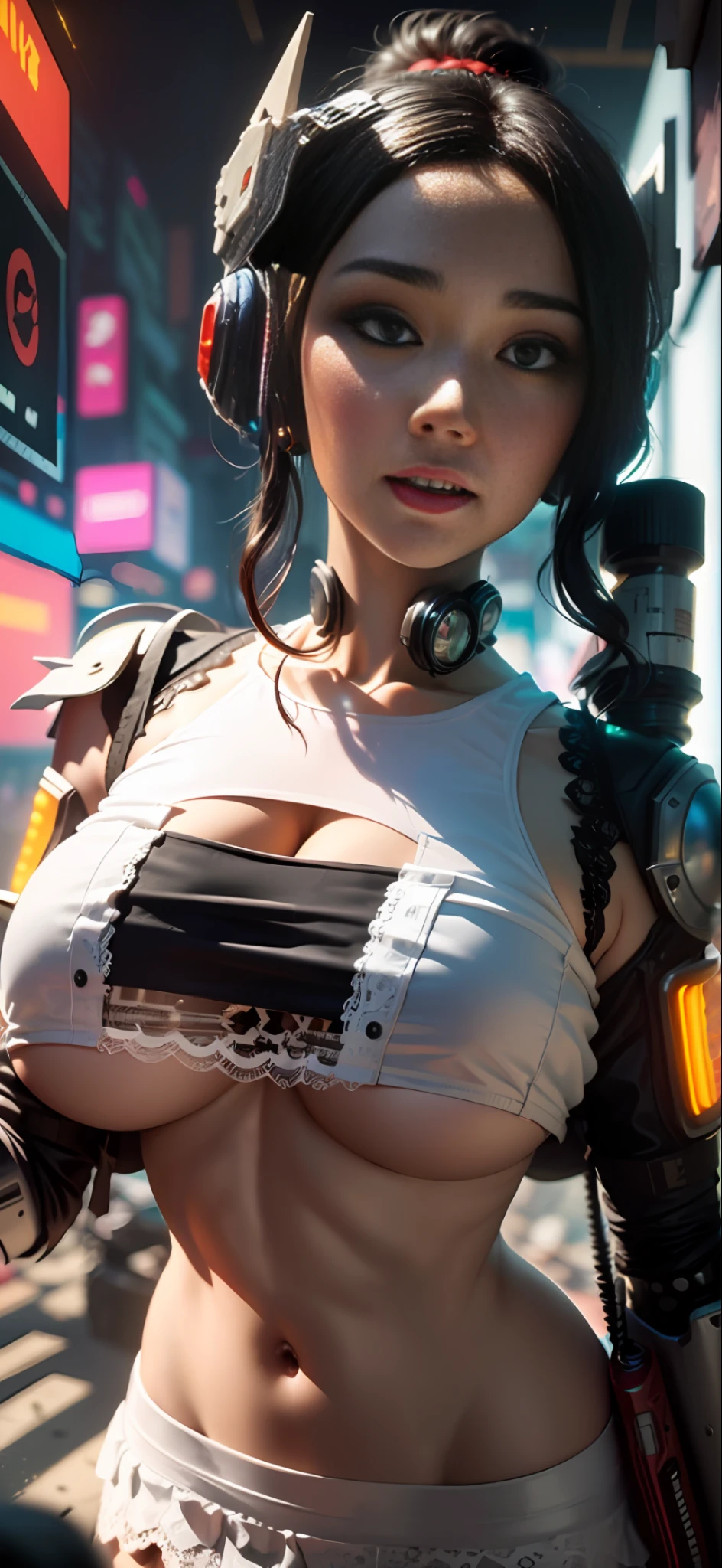 ((Best quality)), ((masterpiece)), (highly detailed:1.3), 3D, beautiful, (cyberpunk:1.6), in space, nebula, (holding_weapon:1.3), laser, (1Female mecha:1.3), sexy body, facing the audience, Glowing eyes, full body, (flying, swooping down, dynamic, motion blur: 1.4), (huge mech wings: 1.6), looking up, glowing_eyes, mecha, panorama, background is earth, nebula, space, particles, Reality, HDR (High Dynamic Range), Ray Tracing, NVIDIA RTX, Super Resolution, Unreal 5, Subsurface Scattering, PBR Textures, Post Processing, Anisotropic Filtering, Depth of Field, Maximum Clarity and Clarity, Multilayer Textures, Albedo and Specular maps, Surface shading, accurate simulation of light-material interaction, perfect proportions, Octane Render, two-tone lighting, large aperture, low ISO, white balance, rule of thirds, 8K RAW, efficient sub-pixel, sub-pixel volume product, (best quality),(Japanese:0.5),(korean:0.8), (Liu Yi Fei:1.5) long hair, (big breast:1.2),(underboob:1.5), (white transparent lace mini skirt:1.5)