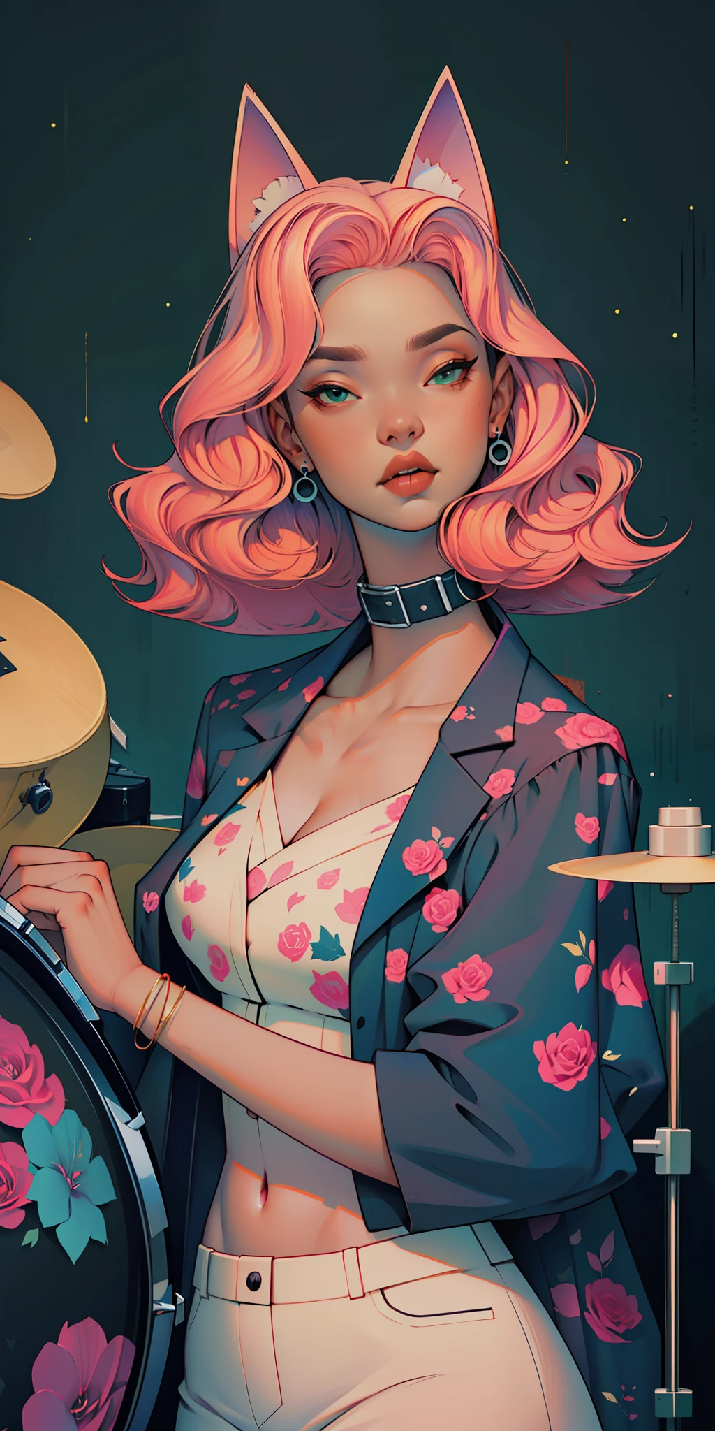 Background, In chic boho style, in a cafe, Ice cream print, multi-colored neon lights, neon garlands, rose hair, mixed-language_SMS, Japanese, (beautiful and clear background:1.2),, fantastic paintings ,graffit style, highly detail eyes , underwear, lace, latex, Pink, Purple, mint, Blue, Yellow, belve, lavender hair, Skull Print, body piercings, Loving, Love, ultra detail hair, Masterpiece, Best Quality, highly quality, hight resolution, detail enhancement, ((most beautiful image in the world)), Masterpiece, Best Quality, highly quality, hight resolution, detail enhancement, ((most beautiful image ), Shiny pink degrade hair, Ultra Short Fitted Stampa, art by stjepan sejic, art by j scott campbell, Artist Guillem March, art by citemer liu, 4k, hight resolution, comic book character, comic, high quality detailed,   style of ::2.0 comix illustration style,tatoon style, highly quality, hight resolution, detail enhancement, 8K, HD, Best Quality, highly quality, hight resolution, detail enhancement, 8K, HDR, sharp-focus, Ultra Detailed, perfect  lighting, Curvy Body, Lush , Curvy hips, skull print on clothes, rock, rock star, Cool,black leather raincoat, style of, spikes, Punk Rock, Wolf, Cat's ears, Cool bracelets, Choker, calavera, gotik, Skinny,  (((Plays drums))) i7rays on the reels, Plays, Drums, drams drummer, drumsticks, virtuoso