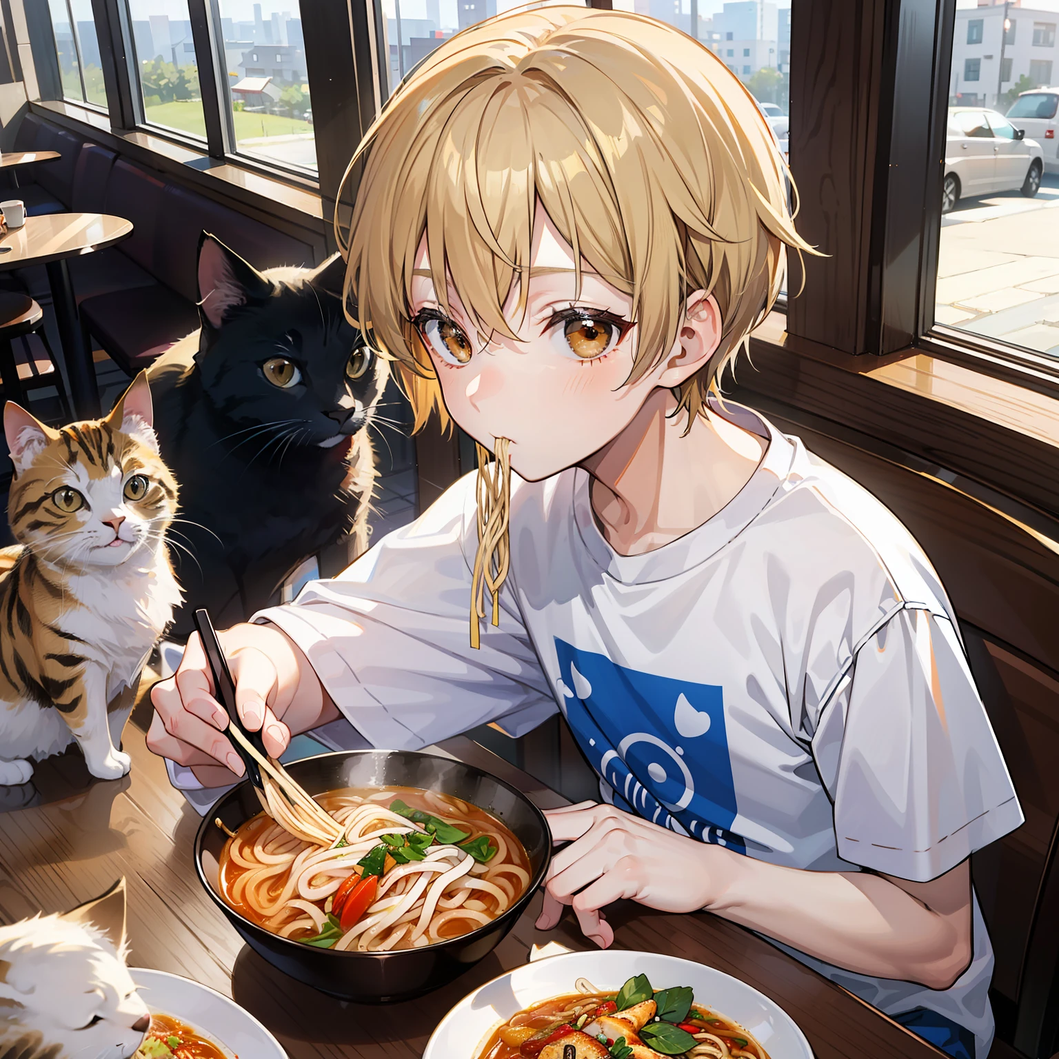 12 year old boy(Relaxed、sun beam、Kind),Short blonde hair,Light brown eyes,Eat noodles in restaurants,There are cats next to it,tmasterpiece,hightquality