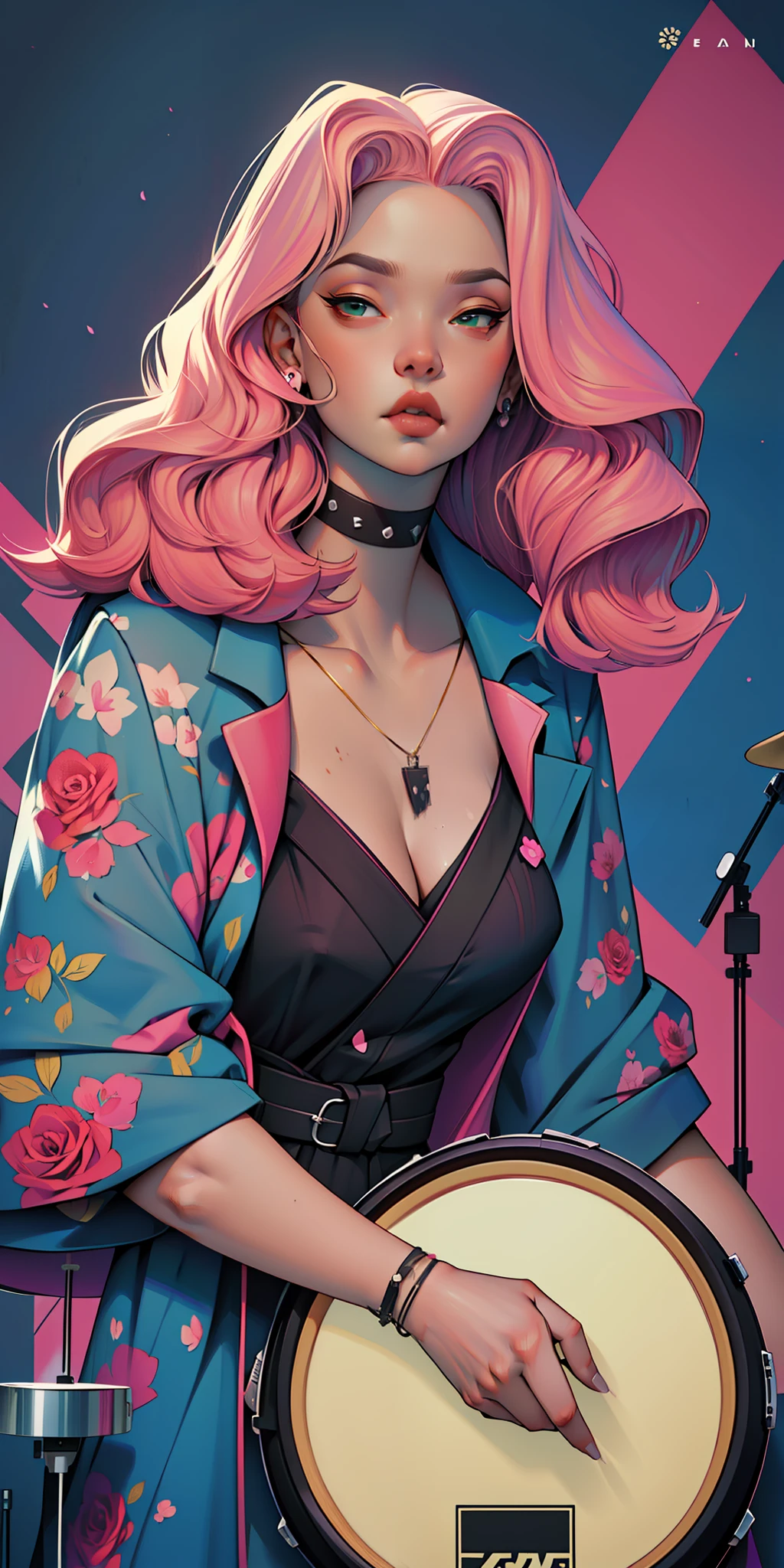 Background, In chic boho style, in a cafe, Ice cream print, multi-colored neon lights, neon garlands, rose hair, mixed-language_SMS, Japanese, (beautiful and clear background:1.2),, fantastic paintings ,graffit style, highly detail eyes , underwear, lace, latex, Pink, Purple, mint, Blue, Yellow, belve, lavender hair, Skull Print, body piercings, Loving, Love, ultra detail hair, Masterpiece, Best Quality, highly quality, hight resolution, detail enhancement, ((most beautiful image in the world)), Masterpiece, Best Quality, highly quality, hight resolution, detail enhancement, ((most beautiful image ), Shiny pink degrade hair, Ultra Short Fitted Stampa, art by stjepan sejic, art by j scott campbell, Artist Guillem March, art by citemer liu, 4k, hight resolution, comic book character, comic, high quality detailed, style of ::2.0 comix illustration style,tatoon style, highly quality, hight resolution, detail enhancement, 8K, HD, Best Quality, highly quality, hight resolution, detail enhancement, 8K, HDR, sharp-focus, Ultra Detailed, perfect lighting, Curvy Body, Lush breasts, Curvy hips, skull print on clothes, rock, rock star, Cool,black leather raincoat, style of, spikes, Punk Rock, Wolf, Cat's ears, Cool bracelets, Choker, calavera, gotik, Skinny, (((Plays drums))) i7rays on the reels, Plays, Drums, drams drummer, drumsticks, virtuoso