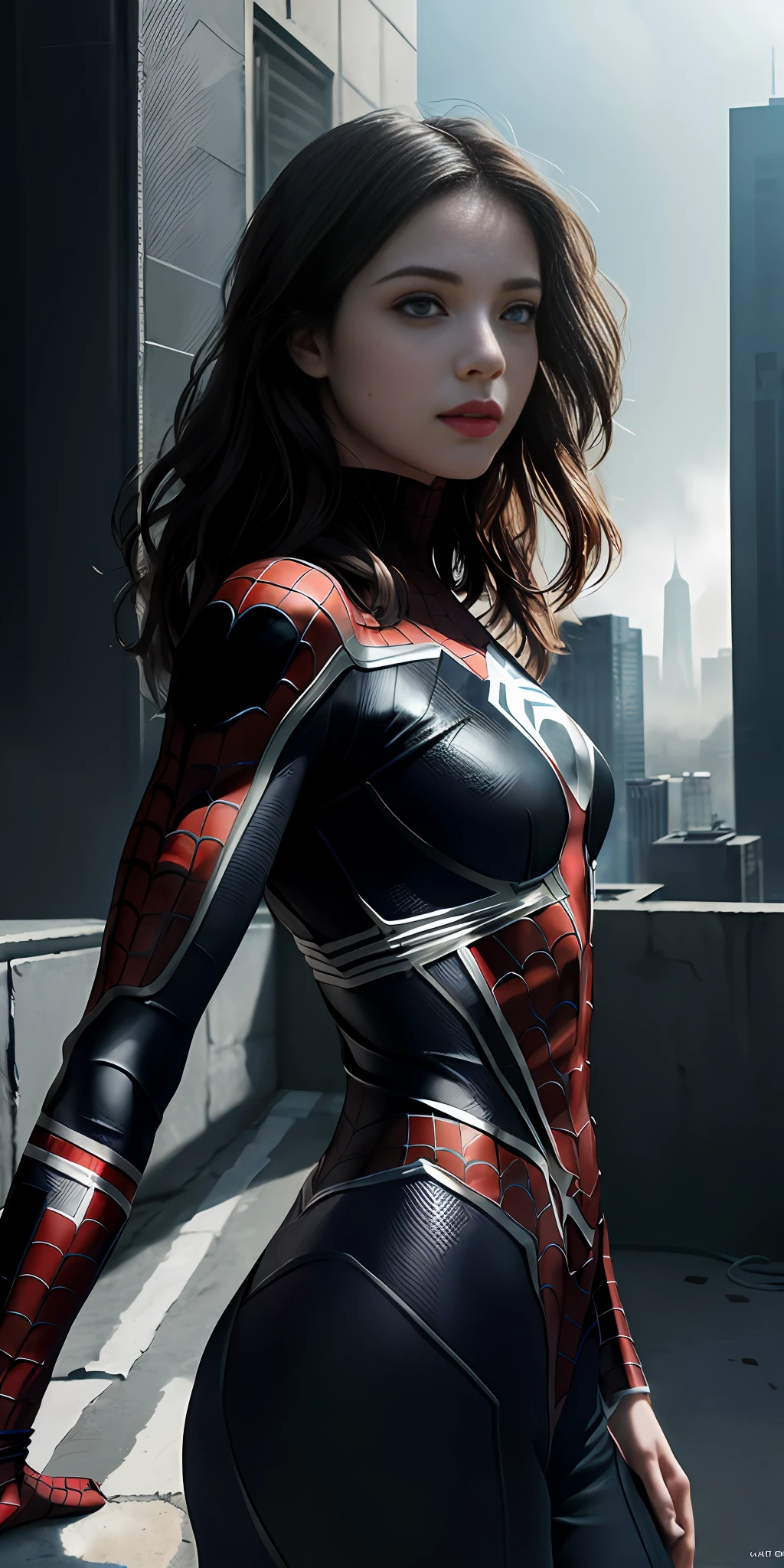 (1girl:1.3), (caucasian:1.2), Solo, (((Very detailed face)))), ((Very detailed eyes and face)))), Beautiful detail eyes, Body parts__, Official art, Unified 8k wallpaper, Super detailed, beautiful and beautiful, beautiful, masterpiece, best quality, original, masterpiece, super fine photo, best quality, super high resolution, realistic realism, sunlight, full body portrait, amazing beauty, dynamic pose, delicate face, vibrant eyes, (from the front), She wears Spider-Man suit, red and black color scheme, spider, very detailed city roof background, rooftop, overlooking the city, detailed face, detailed complex busy background, messy, gorgeous, milky white, highly detailed skin, realistic skin details, visible pores, clear focus, volumetric fog, 8k uhd, DSLR, high quality, film grain, fair skin, photo realism, lomography, futuristic dystopian megalopolis, translucent
