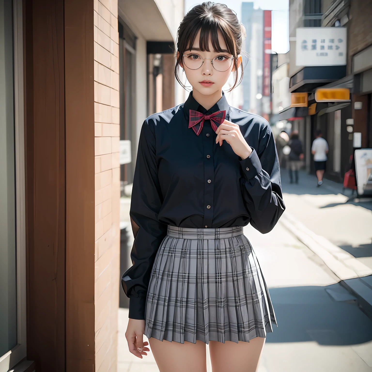 (8K、Raw photography、beste-Qualit、masterpiece:1.2),The photograph,ren,Beautiful fece,shorth hair,One person, 独奏,eye glass,,Dark look,Small breasts,fullllbody,Round glasses、cute little、japanese lady,is standing,Hard-eyed,skinny,Rasping,irate,small tits,flat breast(Realistic、a photorealistic:1.37)、beste-Qualit、Super-High Resolution、Photon mapping、、Light blue ribbon,Realistic、Cute little face,short hair ponytail,brown-eyed、Black socks、Red bow tie、Radio City、Physically Based Rendering、Foreground、depth of fields、Blurry background、The photograph,The girls、Body, Long legs, Thin leg, Medium hair,(Bangs are visible), Hair_ornament detached, s lips, Blue_The eye, nosesoft, Light blue shirt, Navy blue and white plaid pleated skirt, Sheer clothing,, Thigh, Black cotton socks,