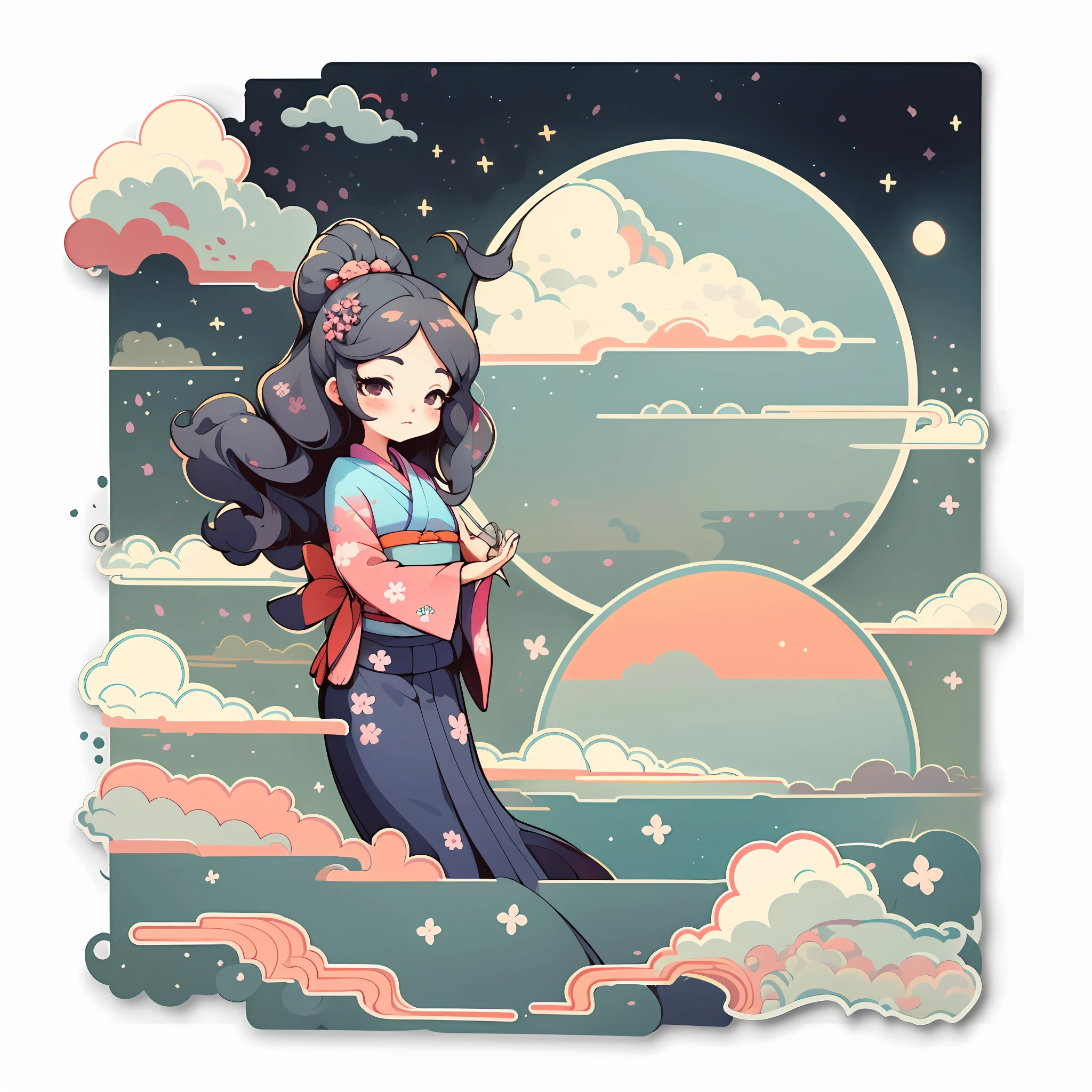 1 sticker, sticker, nikkaze, (cute girl), (gorgeous kimono), (gorgeous hair accessory), (Japanese traditional hairstyle), cherry blossoms, clouds, behind is a huge round moon, stars, white background, no background, simple background, minimal, cute, tiny, pastel color, vector style, no gradient