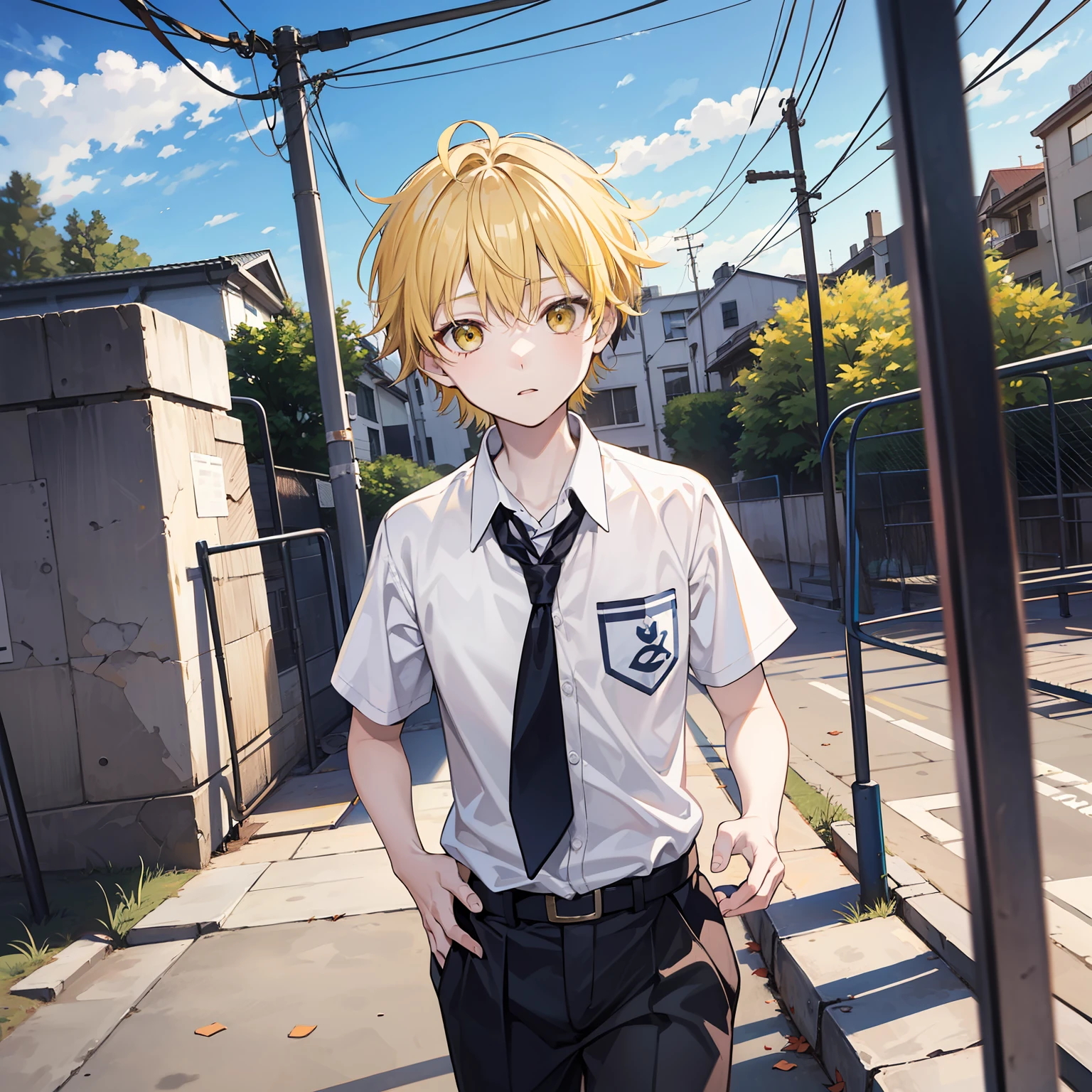 12 year old boy，Short pale yellow hair，Pale yellow eyes，Wear a school uniform，Run on the playground，tmasterpiece，hightquality