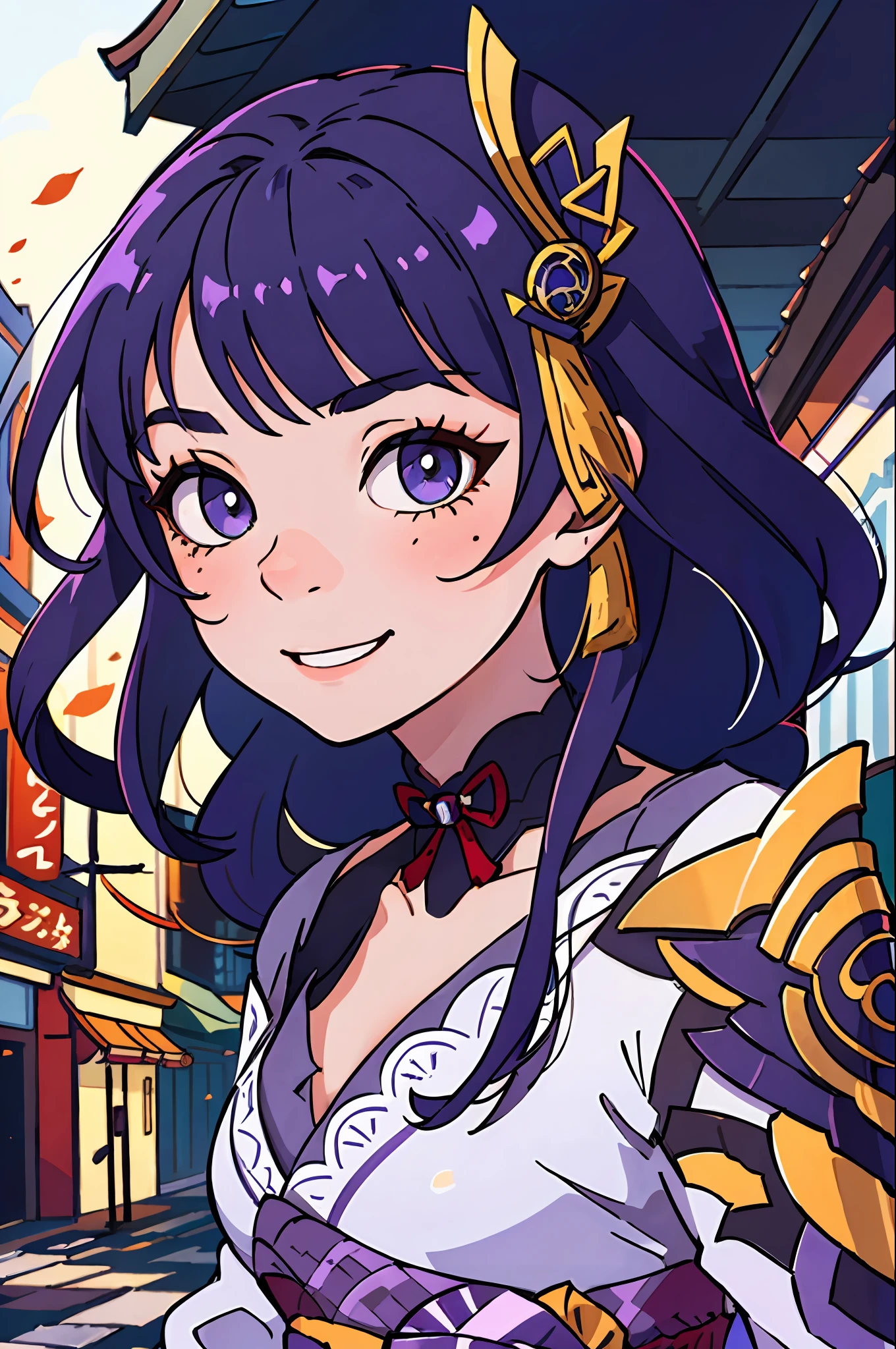 (best-quality:0.8), (best-quality:0.8), perfect anime illustration, extreme closeup portrait of a pretty woman walking through the city, long hair, raiden shogun (genshin impact), sweet smile, chill