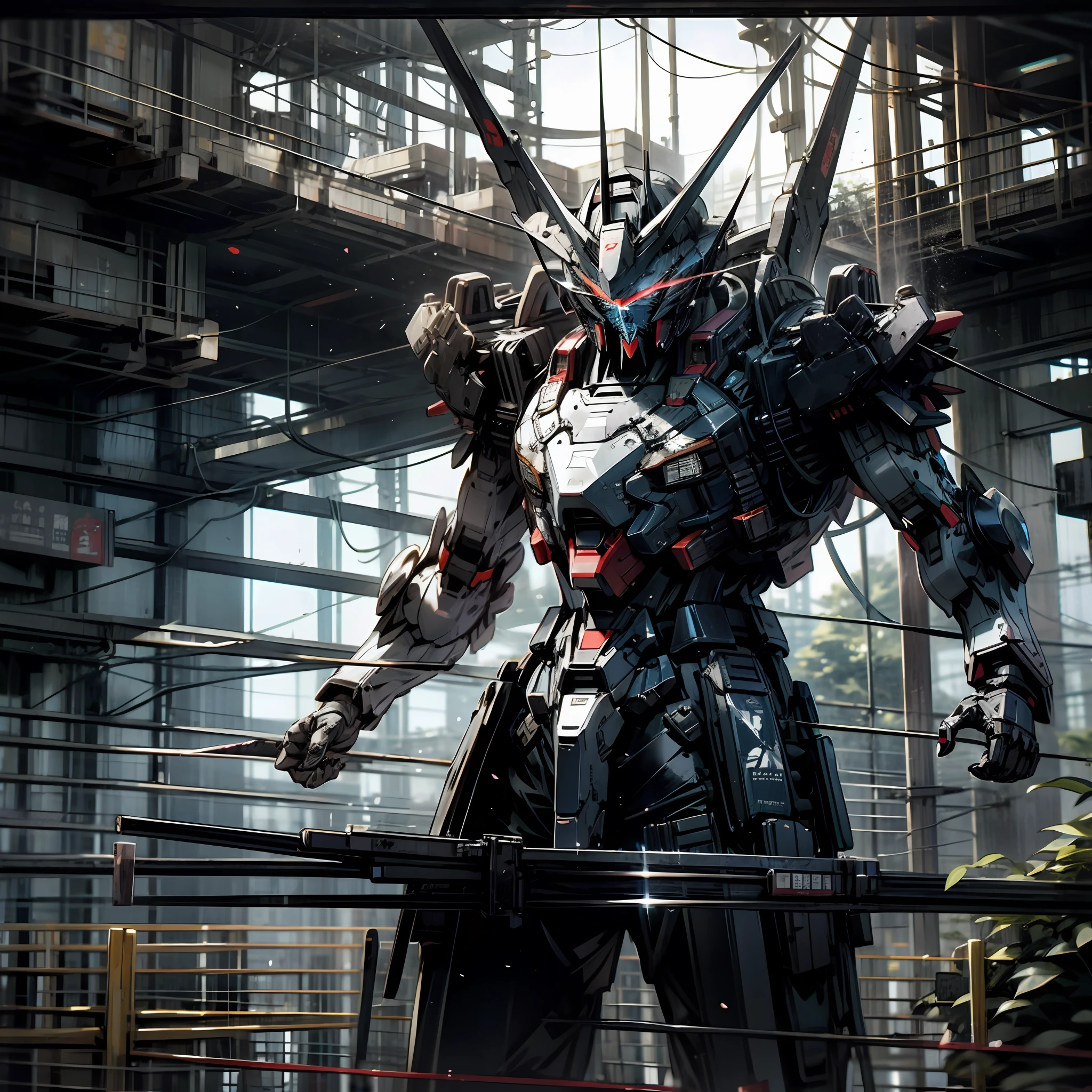 tmasterpiece,Fine,The background is the garden,In the middle of the screen stands Gundam,The armor is reflective and translucent,With glowing eyes of battle,Japan's new city style