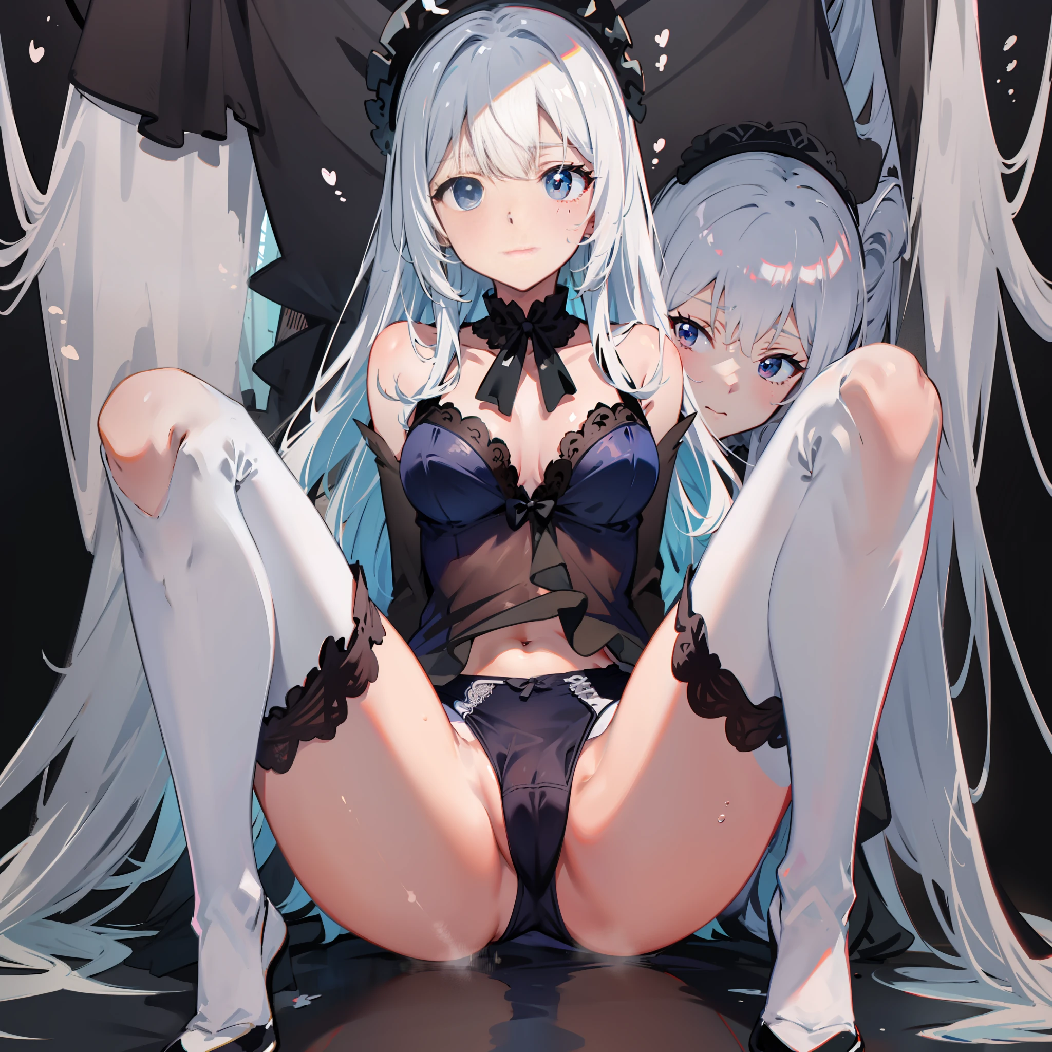 white stockings,black lace underwear,white color hair,Whole body diagram,style of anime,Ultra high quality,