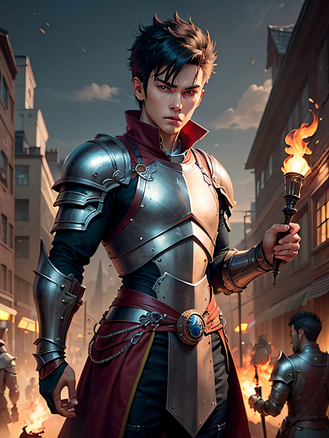Anime men，short haircut，armor，torches，