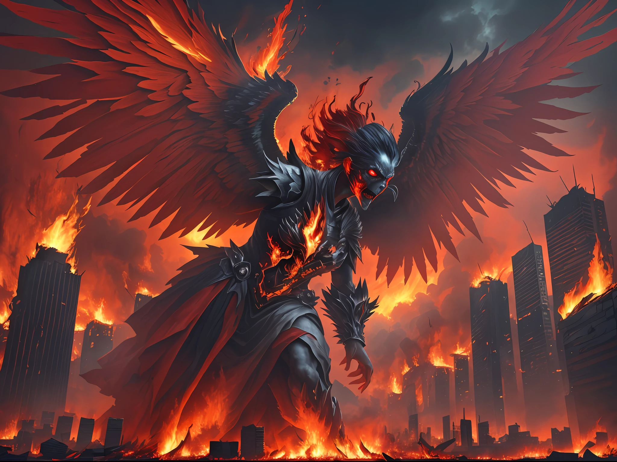 (((Red))) evil fallen angel, with ((())) huge firewings, in an apocalyptic city in flames. The fallen angel is depicted in a photorealistic style, resembling a and sexy figure. The firewings should be prominently displayed, emanating intense flames. The cityscape in the background is apocalyptic, with buildings crumbling and engulfed in flames. The overall atmosphere should be dark and sinister, reflecting the theme of destruction and chaos. The camera lens used for this image is a ((35mm)) lens, capturing a medium shot of the fallen angel, emphasizing their expression and features. The lighting is dramatic, with flickering flames casting eerie shadows. The resolution should be ((4K)), ensuring high detail and realism