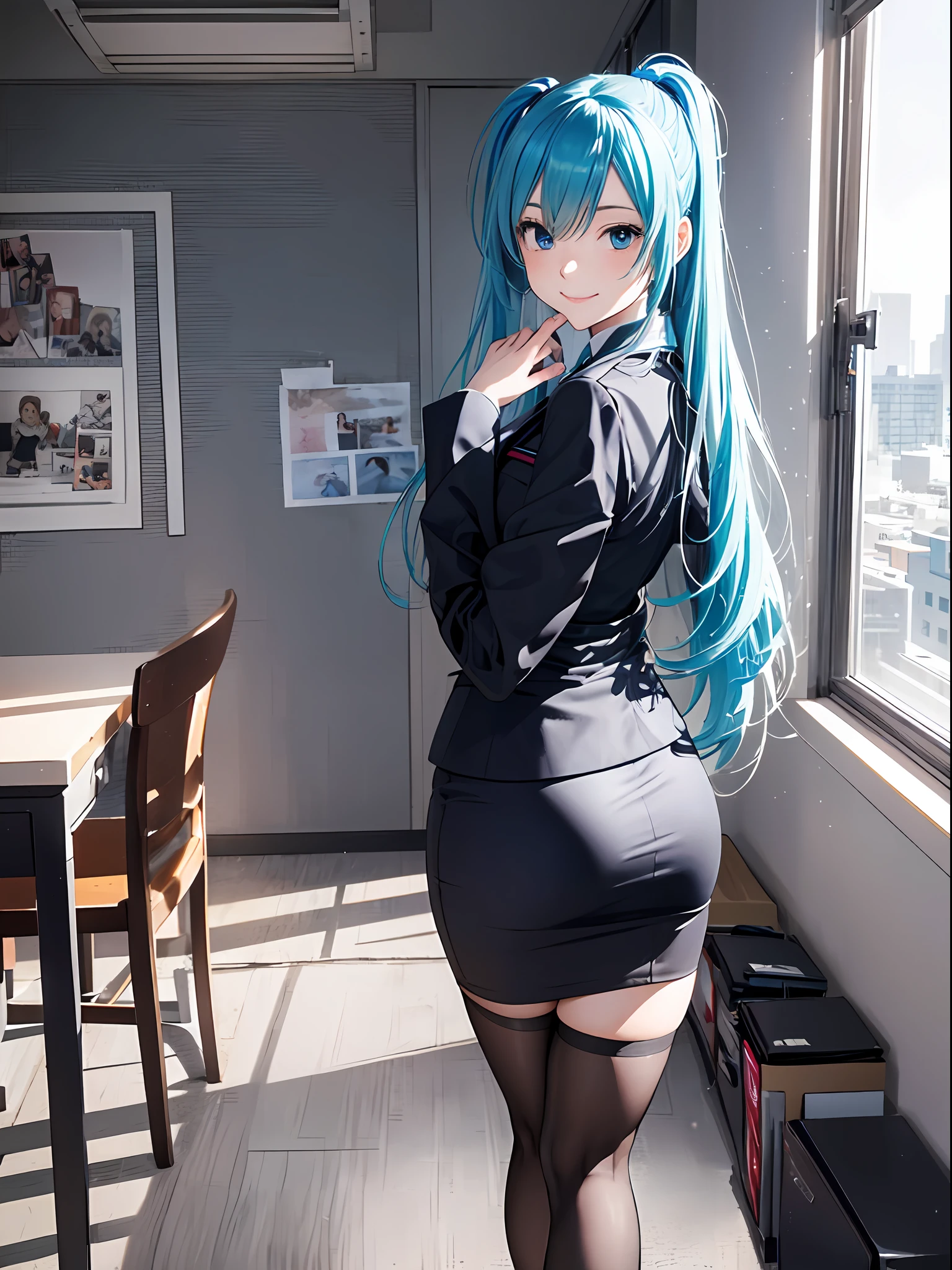 beste-Qualit、Photorealistic、An ultra-fine illustrations、beautiful attractive anime girl、miku hatsune、Slender body、Tied hair、One-man girl、a photo of girl、Full body shot、Beautiful blue eyes、Turned、in a office、Looking back、Simple and sober black business suit、pencil skirts、kindly smile、