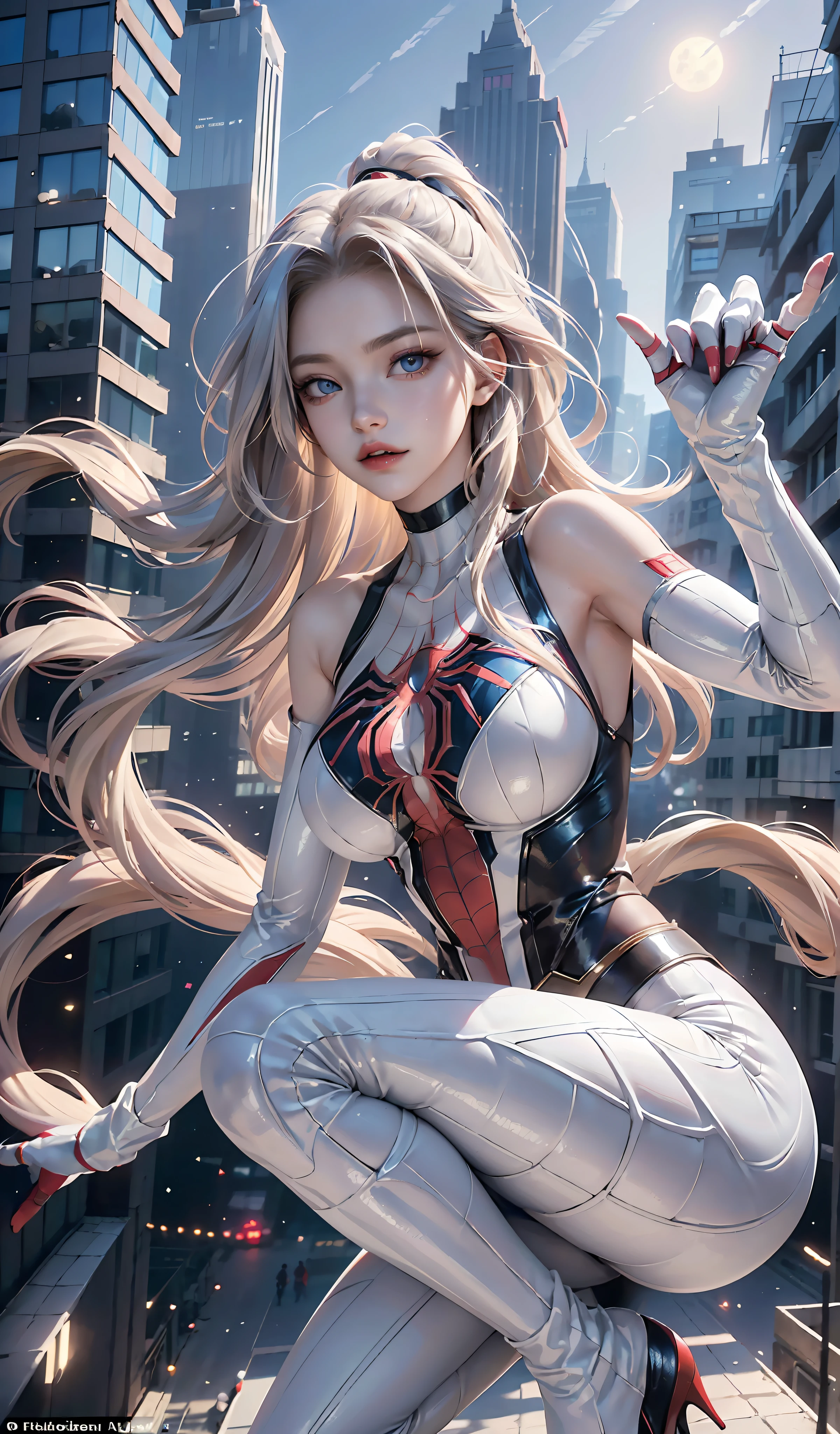 (Masterpiece, 4k resolution, ultra-realistic, very detailed), (White superhero theme, charismatic, there's a girl on top of town, wearing Spider-Man costume, she's a superhero), [ ((25 years), (long white hair:1.2), full body, (blue eyes:1.2), ((Spider-Man pose),show of strength, jumping from one building to another), ((sandy urban environment):0.8)| (cityscape, at night, dynamic lights), (full moon))] # Explanation: The Prompt mainly describes a 4K painting of ultra-high definition, very realistic, very detailed. It shows a superheroine at the top of the city, wearing a Spider-Man costume. The theme in the painting is a white superhero theme, the female protagonist has long white hair, is 25 years old and her entire body is shown in the painting. In terms of portraying the actions of superheroines, spiders are employed