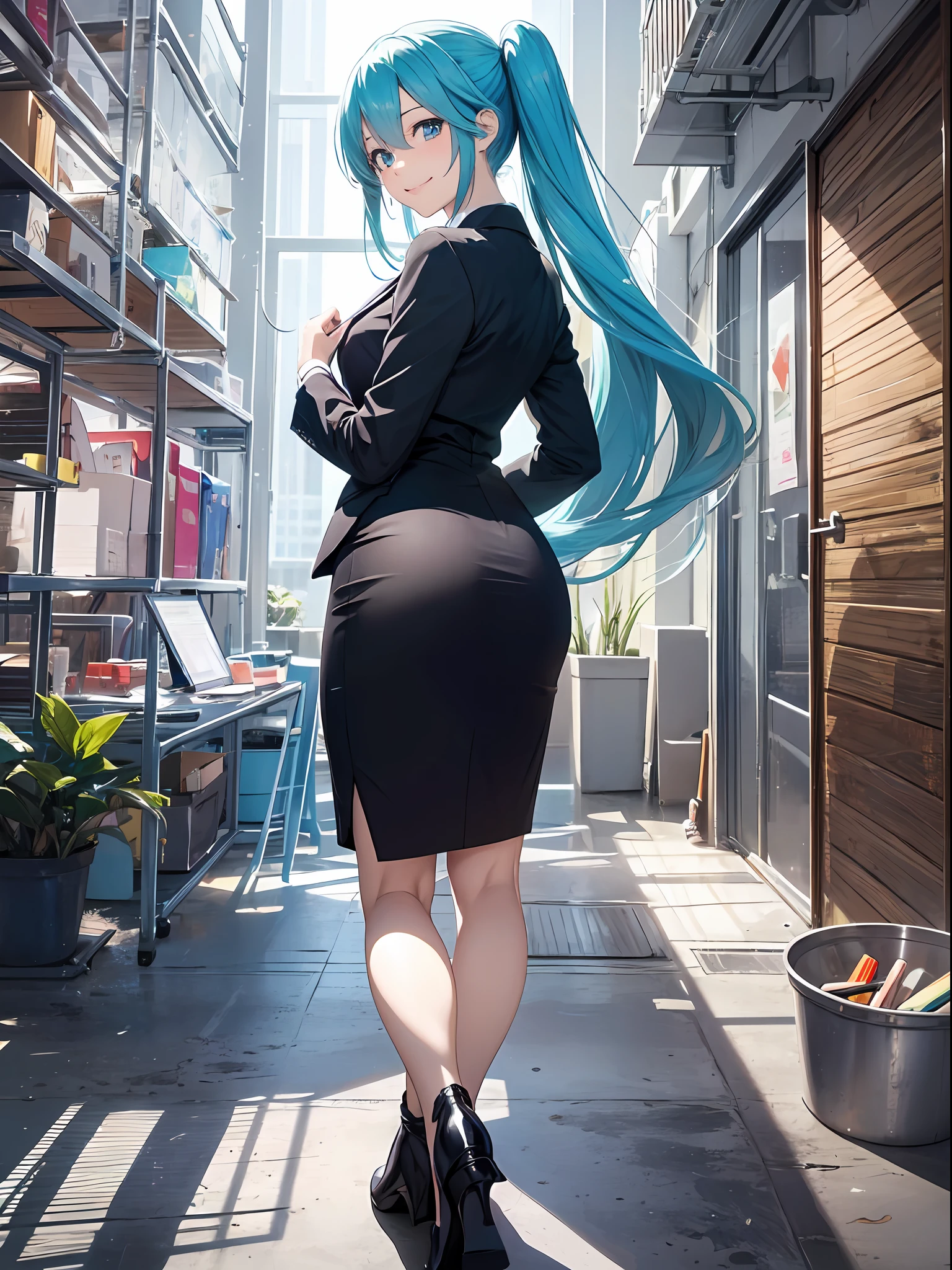 beste-Qualit、Photorealistic、An ultra-fine illustrations、beautiful attractive anime girl、miku hatsune、Slender body、Tied hair、One-man girl、a photo of girl、Full body shot、Beautiful blue eyes、Turned、in a office、Looking back、Woman in black business suit、pencil skirts、kindly smile、
