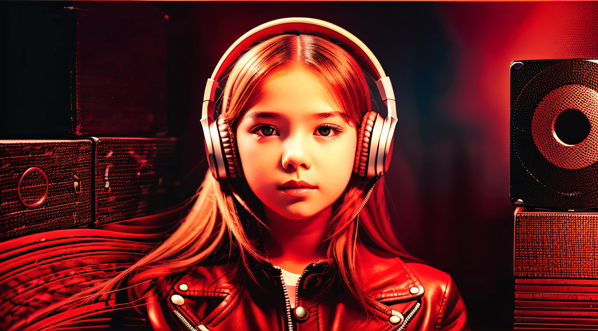 GIRL child 12 years old, RUSSIAN BLONDE long hair and headphones, portrait, SILVER LEATHER JACKET, VINYL AND CDS red background.