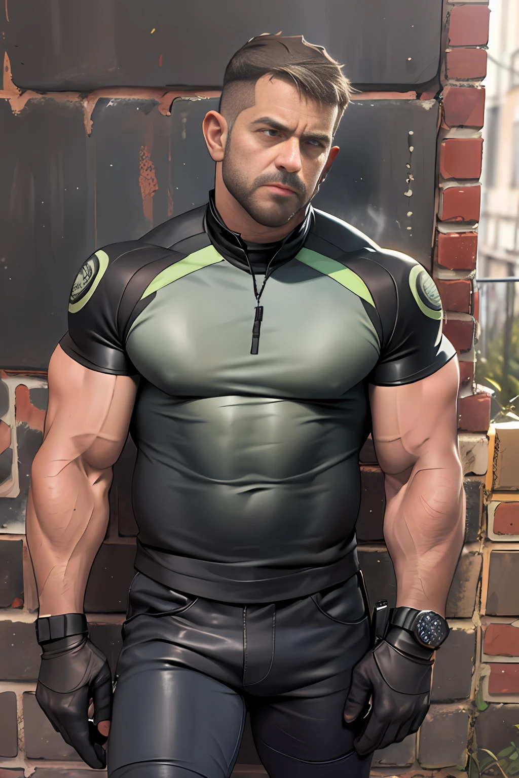 1 Homem, sozinho, 45 anos, Baixo, sozinho, Homem, 45 anos, cabelos curtos, Cara corajosa, Querer, Homem grande, alto, (((musculoso))), camiseta preta, black leather pants, cinto militar, Armado com pistola. fundo simples