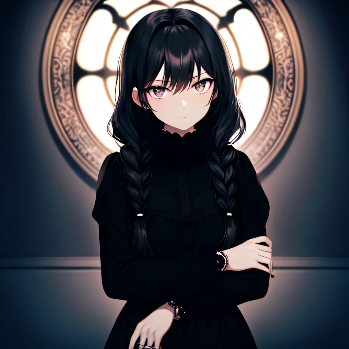 anime girl with long black hair and black dress standing in front of a window, Gothic Maiden anime girl, anime girl wearing a black dress, anime moe art style, (Anime Girl), 1 7 -  - old me goth girl, portrait gapmoe yandere grimdark, Anime visuals of cute girls, noire, marin kitagawa fanart