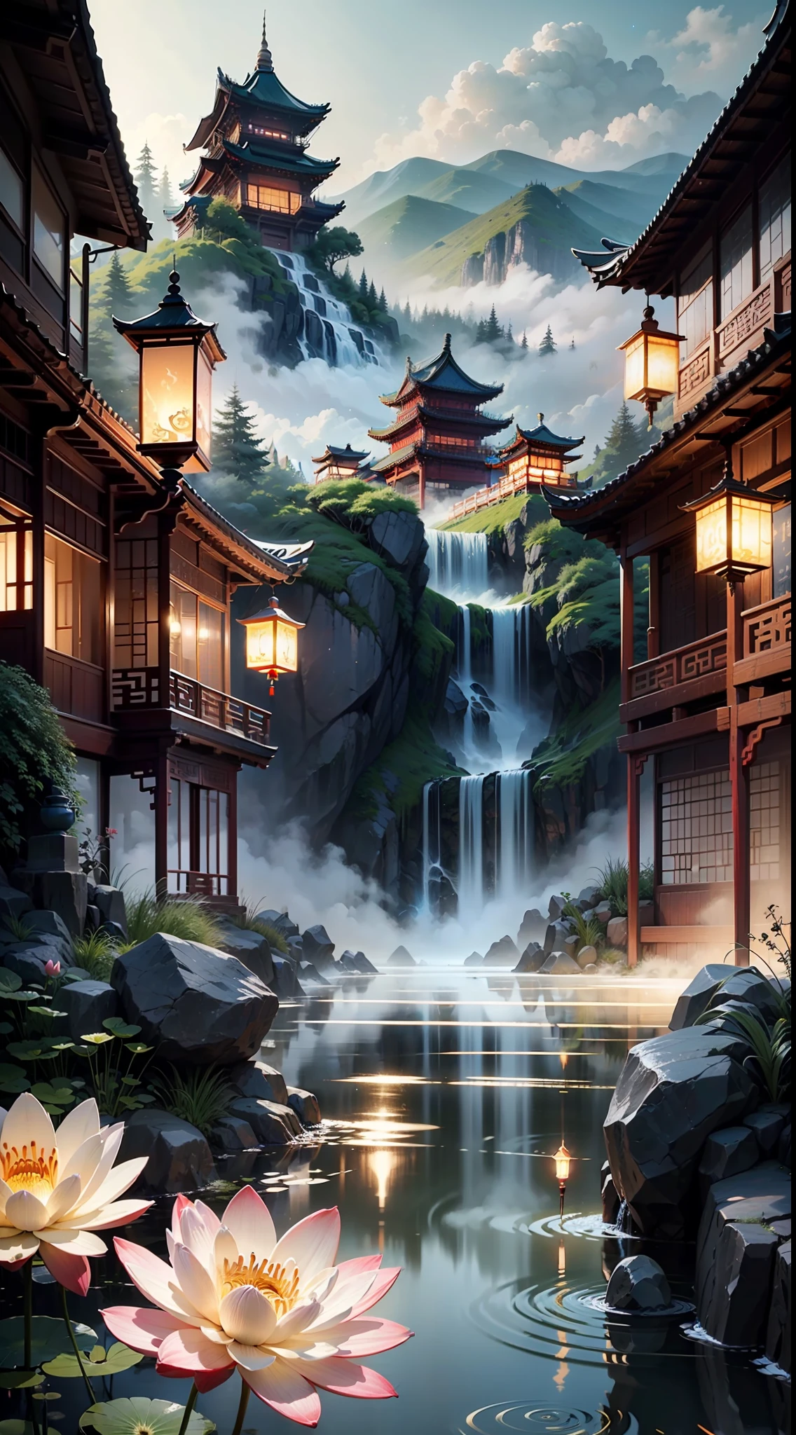 Generates night hours,Image of an ancient Chinese palace located above the clouds,shrouded in mist,Surrounded by majestic landscape。The palace should be decorated with glazed tiles、BUDDHA STATUE、Lanterns and bright colors,Such as blue、green color、Red and gold。The image should include hot springs,Lotus flowers and splashing water,As well as elements of color and splash ink,to add to the fantastic atmosphere。The final image should be a masterpiece,With high-quality graphics and intricate details,Transports the viewer to a world full of wonder and magic
