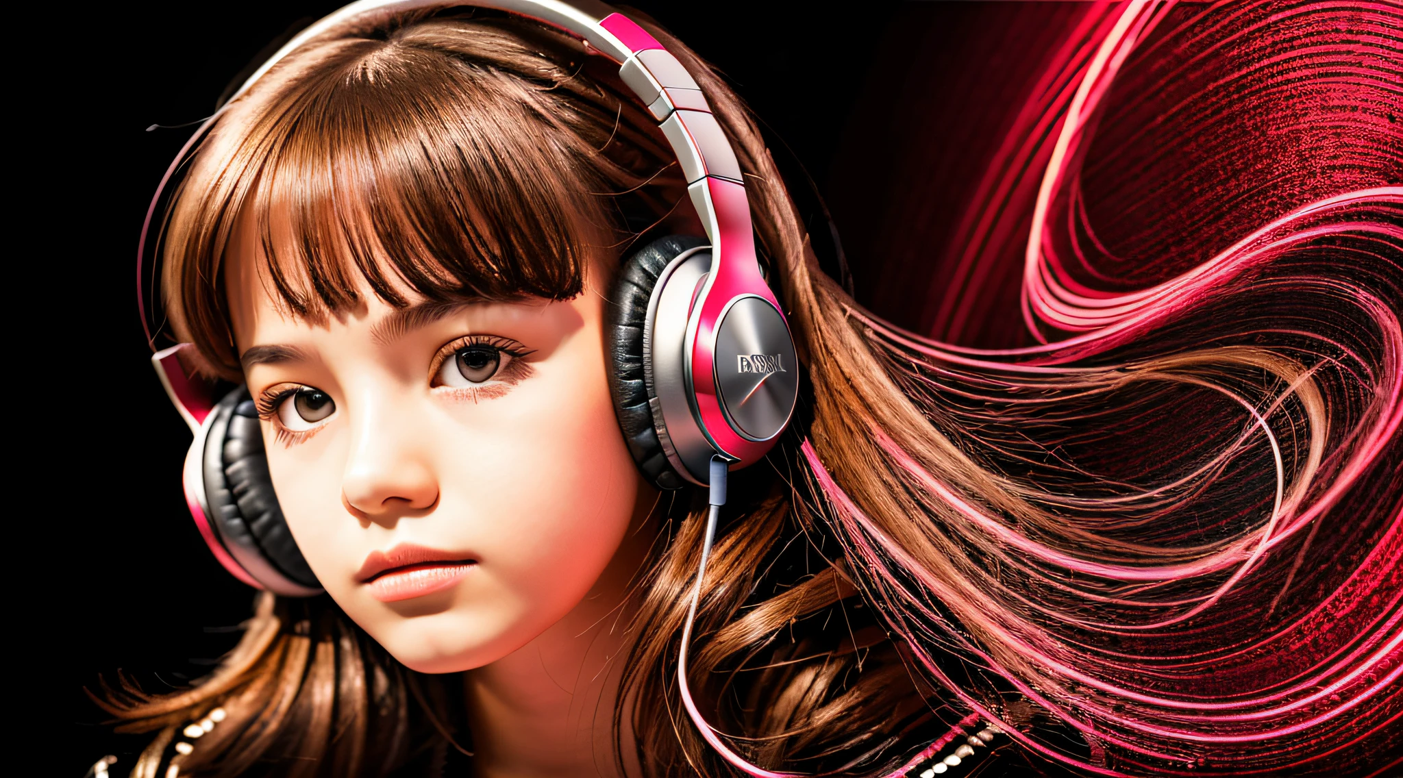 GIRL child 12 years old, RUSSIAN BLONDE long hair and headphones, portrait, SILVER LEATHER JACKET, VINYL AND CDS red background.