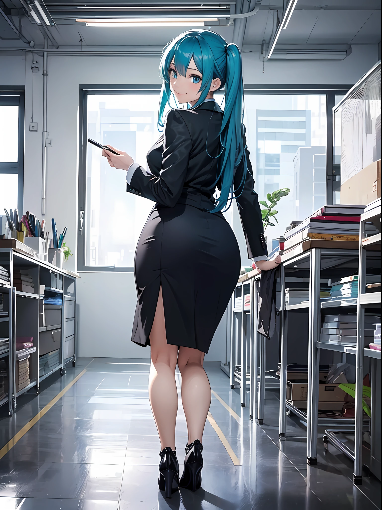 beste-Qualit、Photorealistic、An ultra-fine illustrations、beautiful attractive anime girl、miku hatsune、Slender body、Tied hair、One-man girl、a photo of girl、Full body shot、Beautiful blue eyes、Turned、in a office、Looking back、Woman in black business suit、pencil skirts、kindly smile、