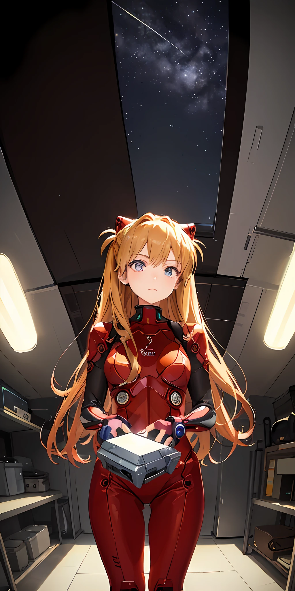 (Overhead view),dynamic angle,ultra-detailed, illustration, close-up, straight on, 1girl, 
 ((souryuu asuka langley, interface headset, red bodysuit:1.4, blonde)),Her eyes shone like dreamy stars,(glowing eyes:1.233),(beautiful and detailed eyes:1.1),(expressionless,closed mouth),(standing), 
(mechanic room with toolsand spaceship windowin a white SPACESHIP),
(night:1.2),dreamy, [[delicate fingers and hands:0.55]::0.85],(detail fingers),