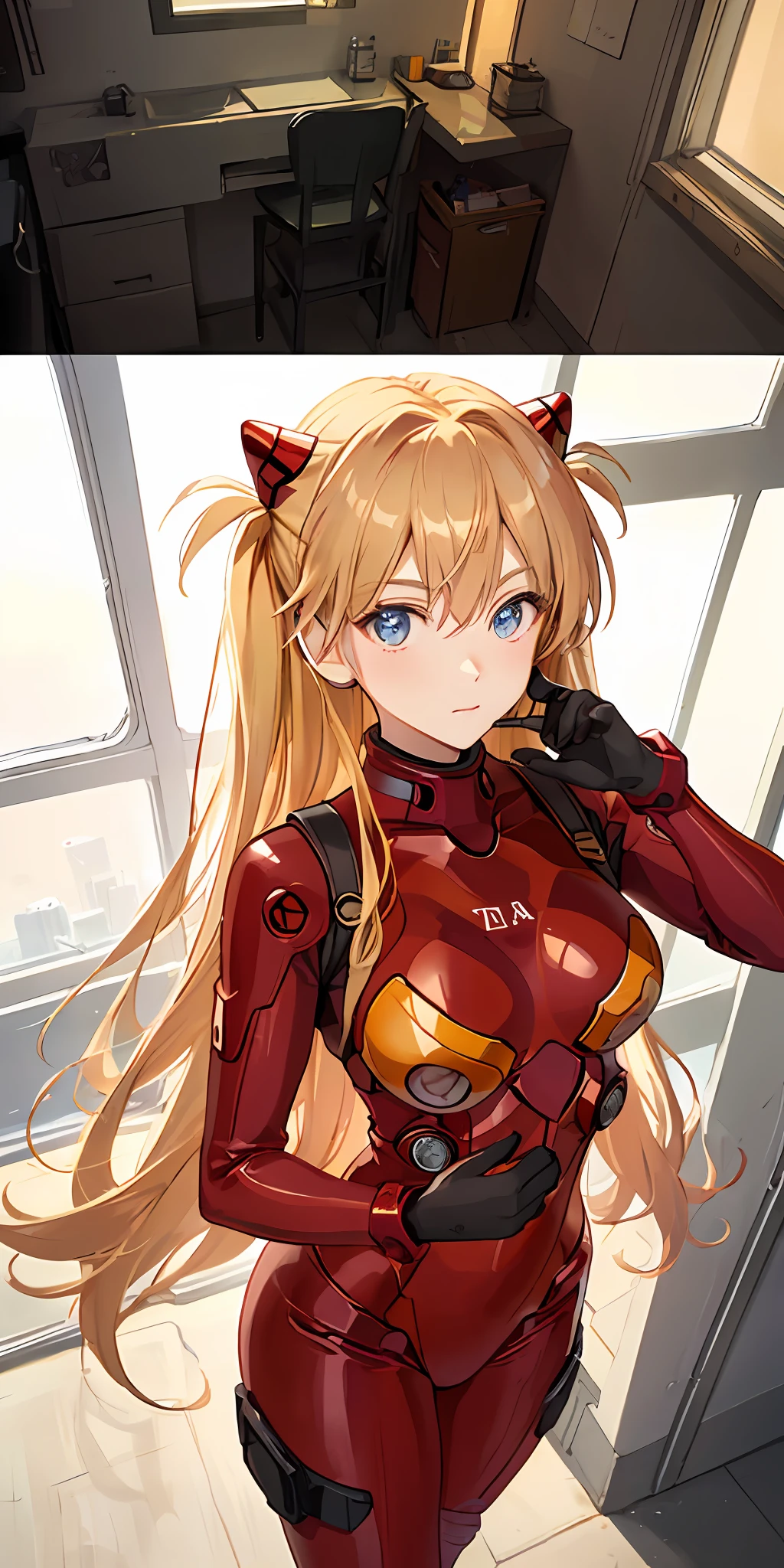 (Overhead view),dynamic angle,ultra-detailed, illustration, close-up, straight on, 1girl, 
 ((souryuu asuka langley, interface headset, red bodysuit:1.4, blonde)),Her eyes shone like dreamy stars,(glowing eyes:1.233),(beautiful and detailed eyes:1.1),(expressionless,closed mouth),(standing), 
(mechanic room with toolsand spaceship windowin a white SPACESHIP),
(night:1.2),dreamy, [[delicate fingers and hands:0.55]::0.85],(detail fingers),