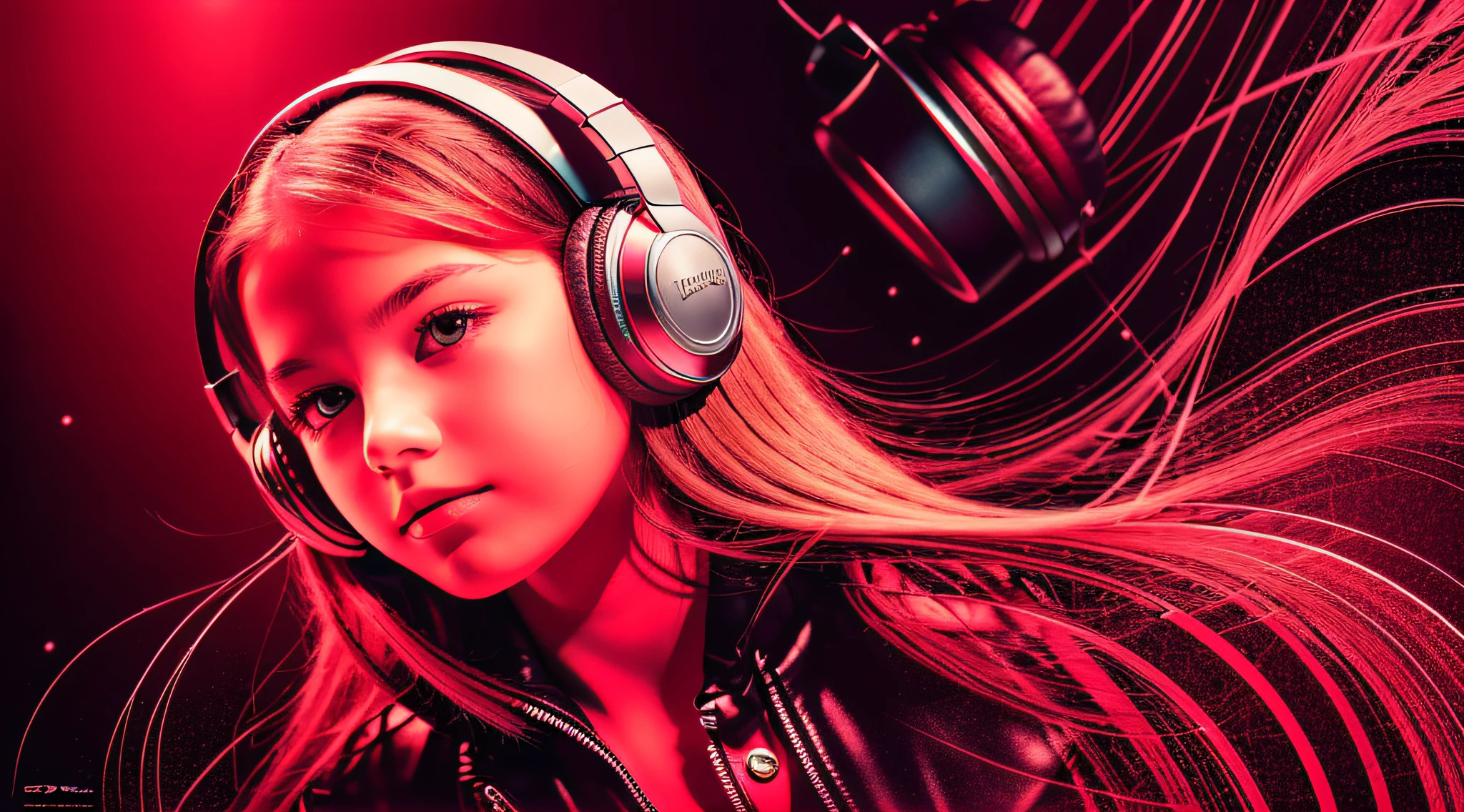 GIRL child 12 years old, RUSSIAN BLONDE long hair and headphones, portrait, SILVER LEATHER JACKET, VINYL AND CDS red background.