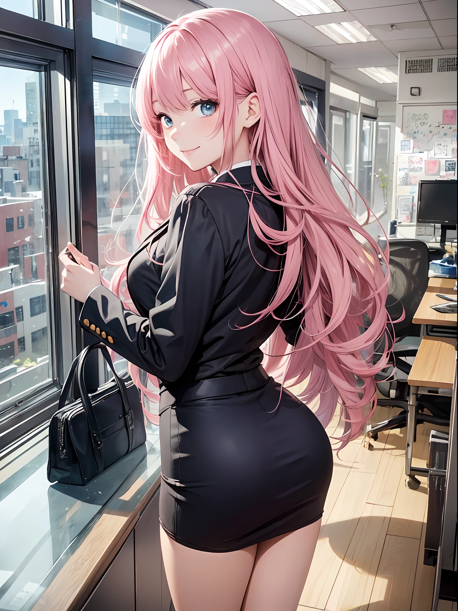 beste-Qualit、Photorealistic、An ultra-fine illustrations、beautiful attractive anime girl、Megurine Luca、Pink hair、Tied hair、One-man girl、a photo of girl、Full body shot、Beautiful blue eyes、Turned、in a office、Looking back、Woman in black business suit、pencil skirts、kindly smile、