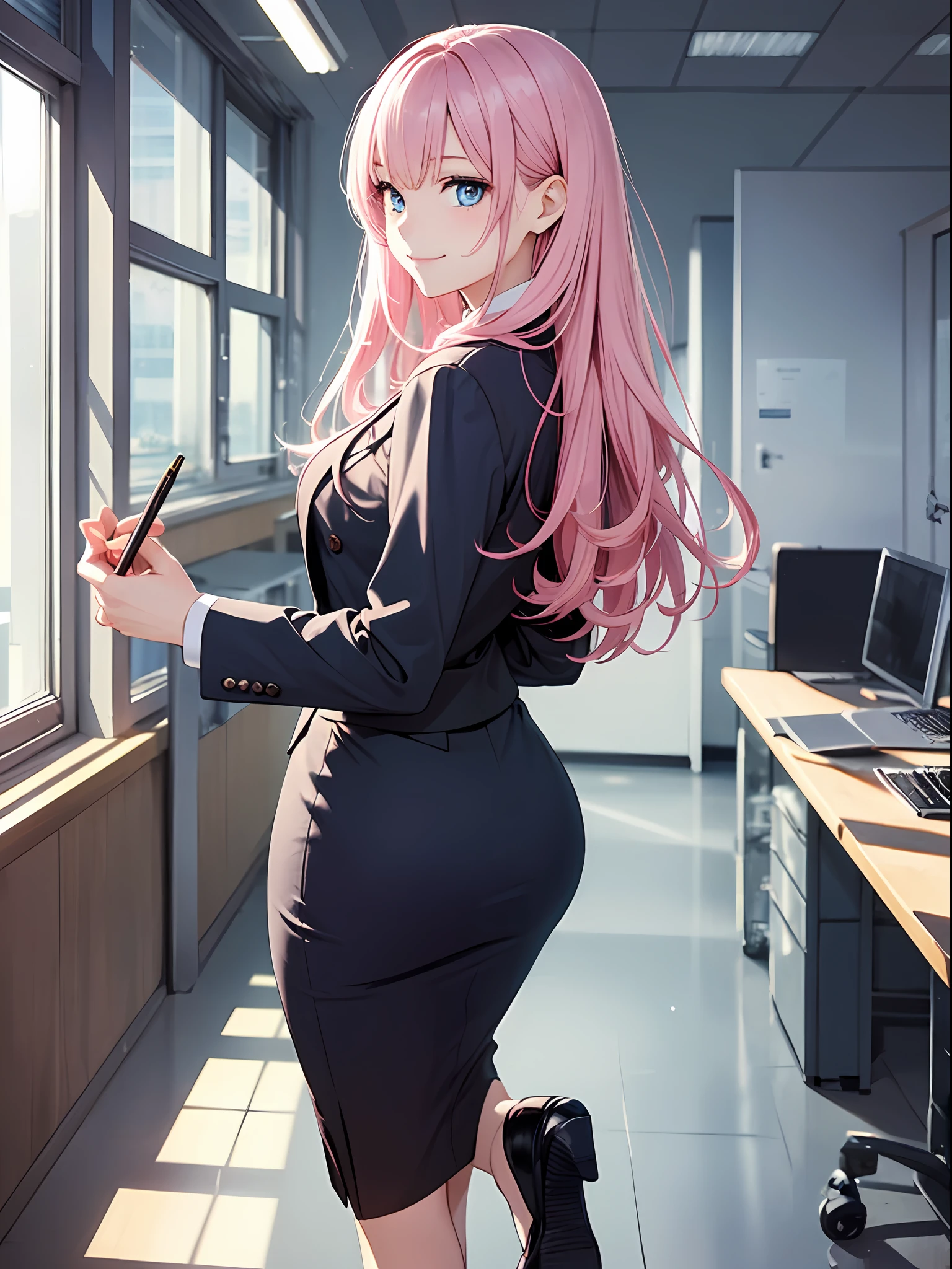 beste-Qualit、Photorealistic、An ultra-fine illustrations、beautiful attractive anime girl、Megurine Luca、Pink hair、Tied hair、One-man girl、a photo of girl、Full body shot、Beautiful blue eyes、Turned、in a office、Looking back、Woman in black business suit、pencil skirts、kindly smile、