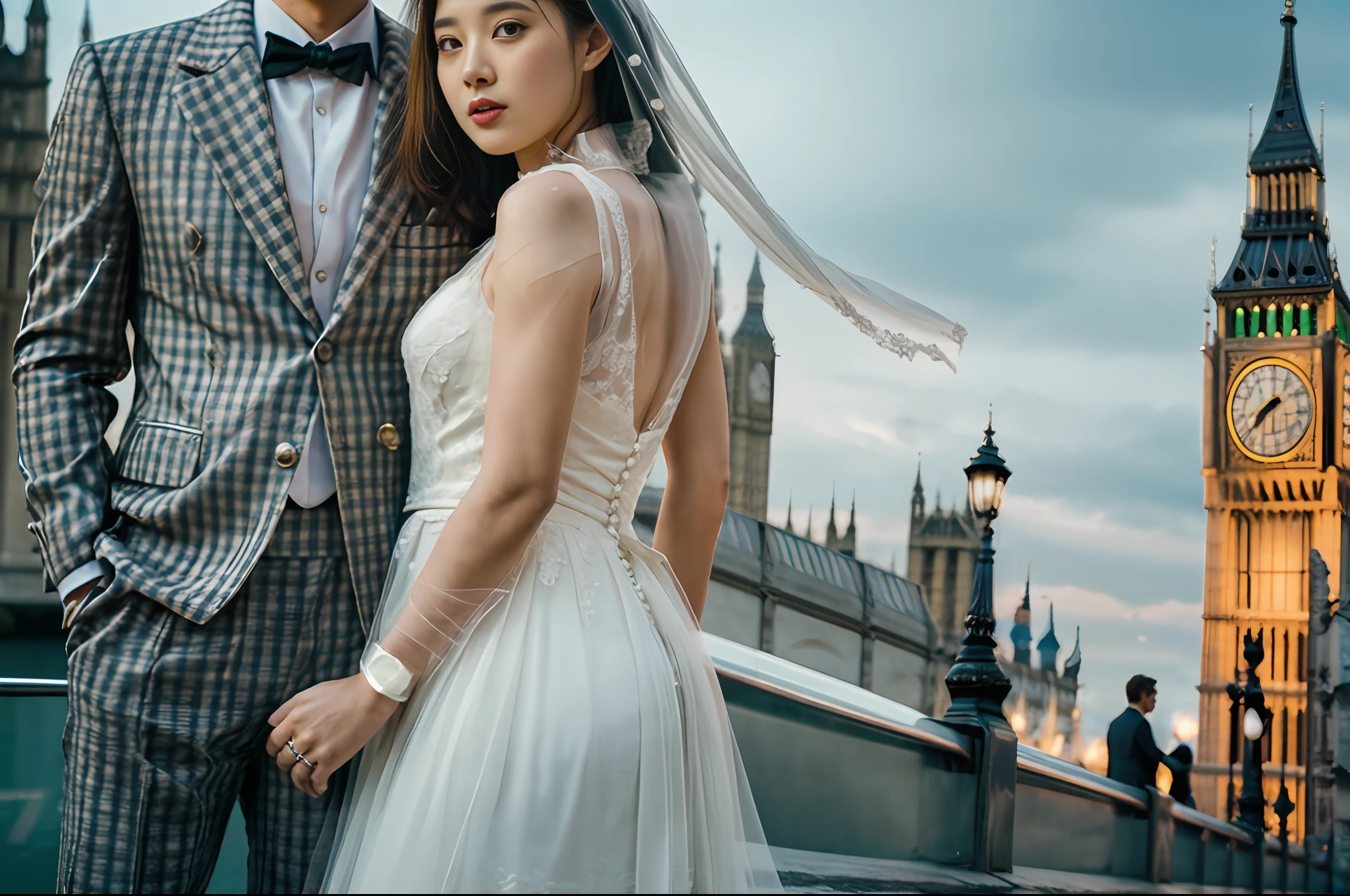 professional wedding photography, (Masterpiece), (intriciate detail), (photorealestic:1.3), (film grain:1.3), (perfect anatomia:1.3), break, London, at Big Ben, break, a romantic photoshoot of a handsome man and cute woman couple), wearing elegant outfits