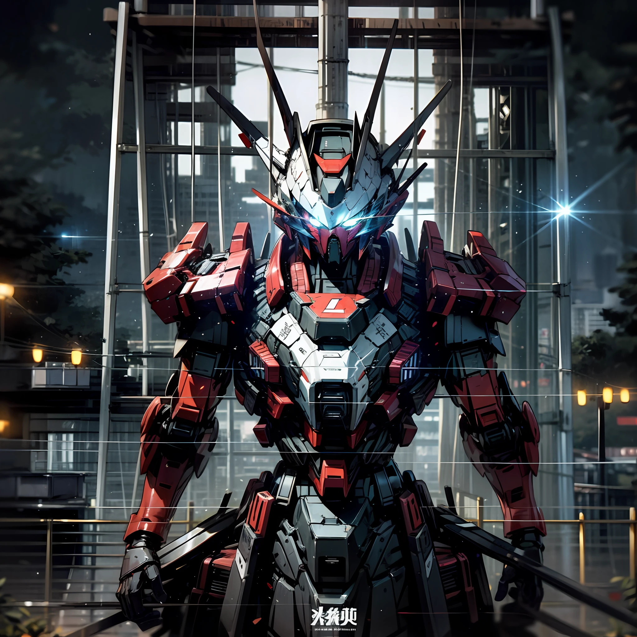 tmasterpiece,Fine,The background is the garden,In the middle of the screen stands Gundam,The armor is reflective and translucent,With glowing eyes of battle,Japan's new city style